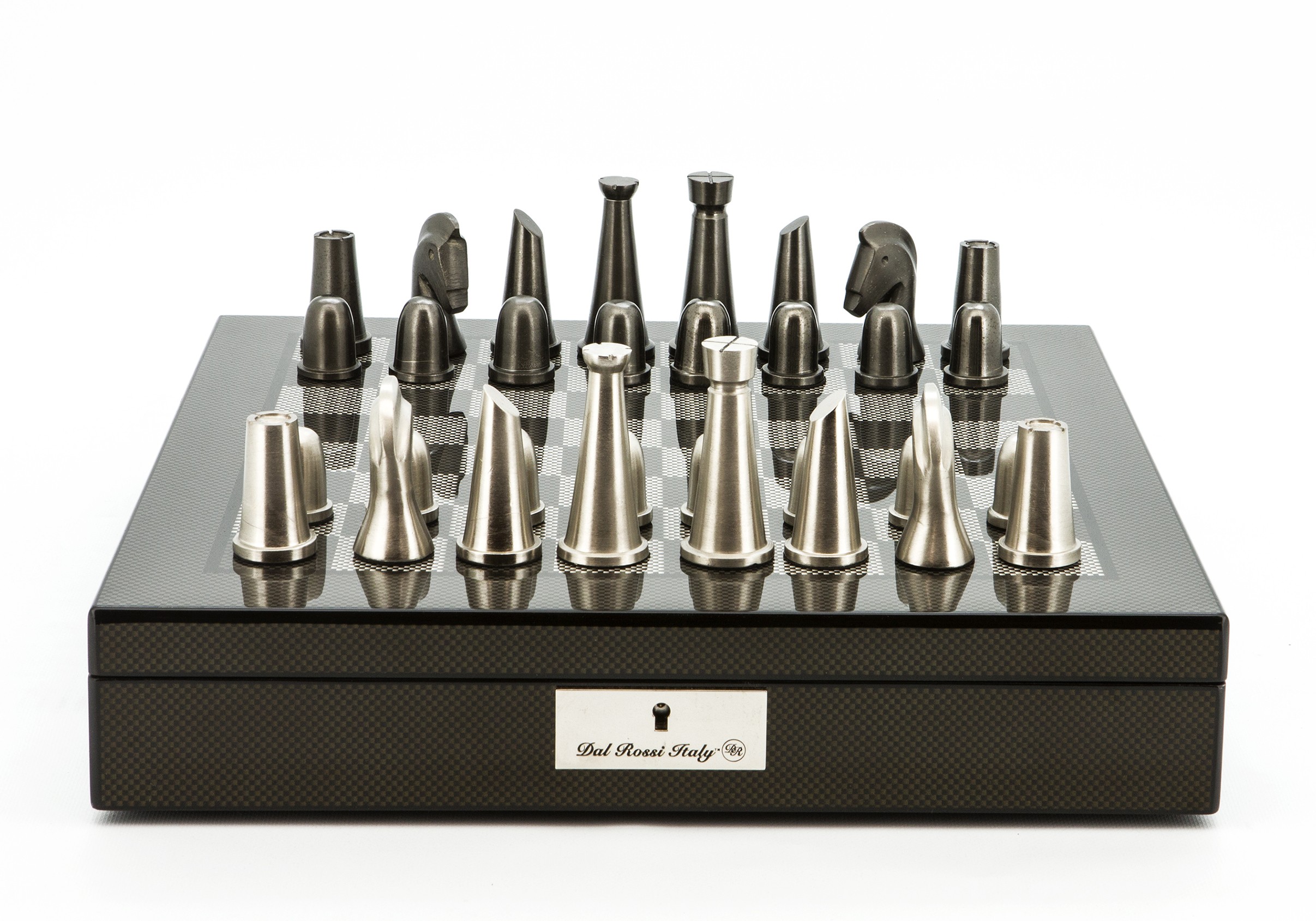 Dal Rossi Italy Chess Set Carbon Fibre Finish 16″ With Compartments, With Metal Dark Titanium and Silver chessmen 85mm
