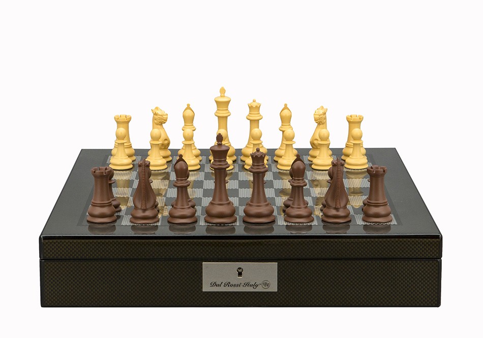Dal Rossi Italy Chess Set Carbon Fibre Shinny Finish16″ With Compartments, With Queens Gambit Chessmen 90mm