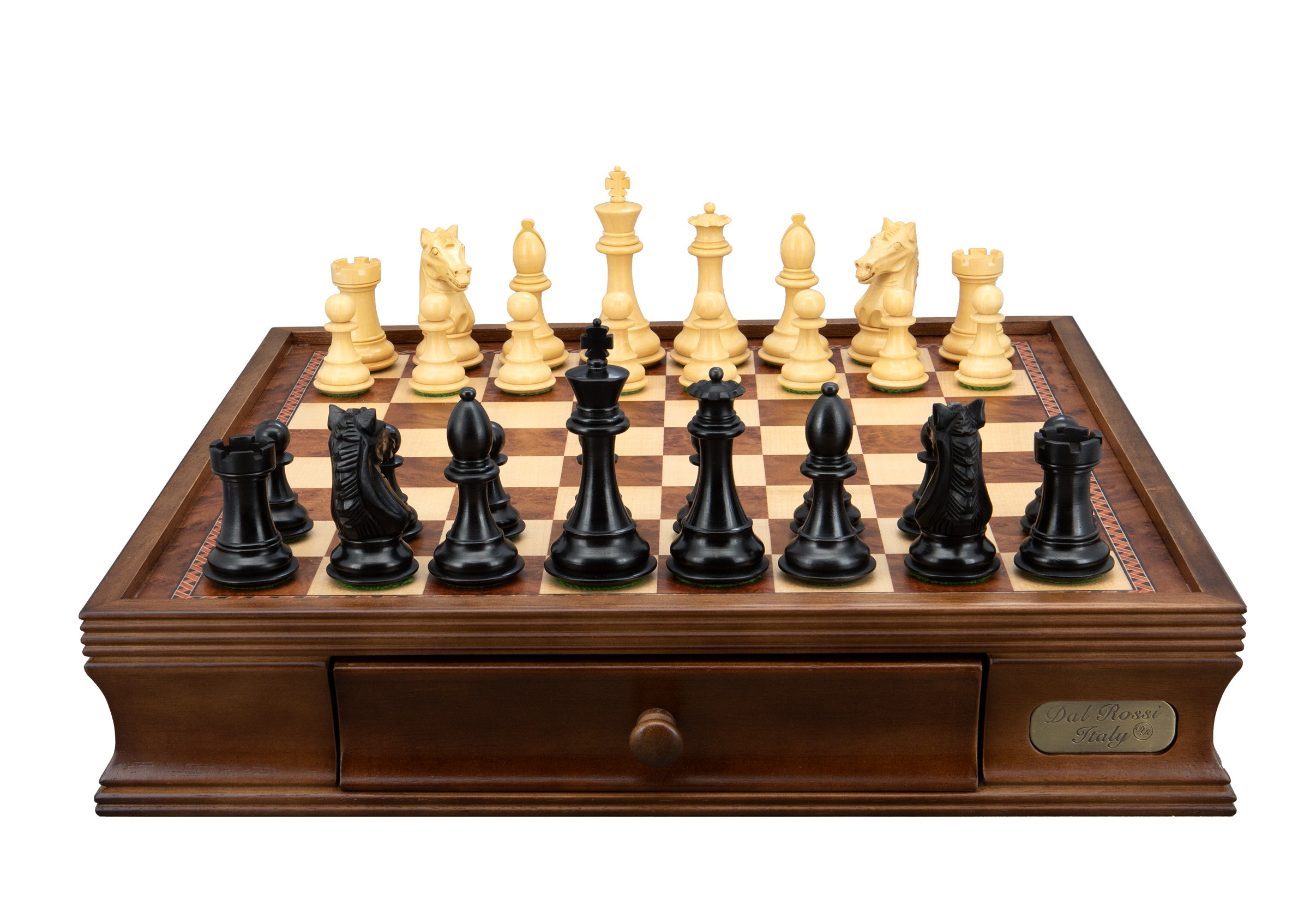 Dal Rossi Ebony Finish / Boxwood 95mm Wood Double Weighted on a Walnut Inlaid Chess Box with Drawers 16"