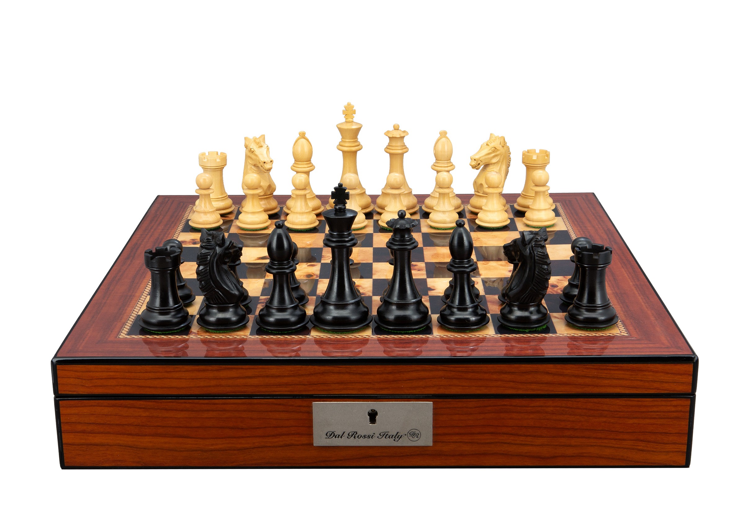 Dal Rossi Italy, Ebony Finish / Boxwood 95mm Wood Double Weighted on a Walnut Finish Shiny Chess Box with Compartments 16"