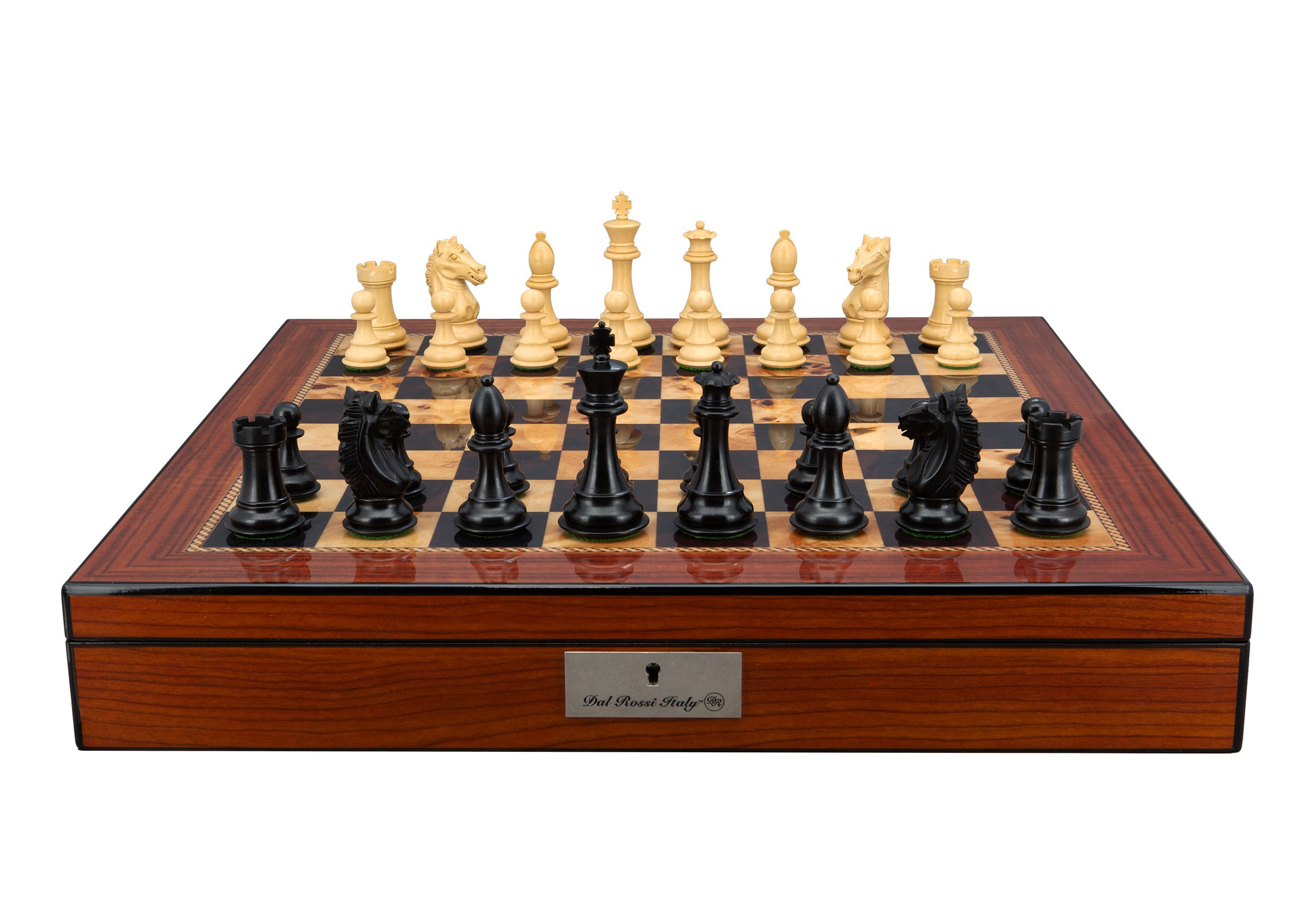 Dal Rossi Italy, Ebony Finish / Boxwood 95mm Wood Double Weighted on a Walnut Finish Shiny Chess Box with Compartments 20"