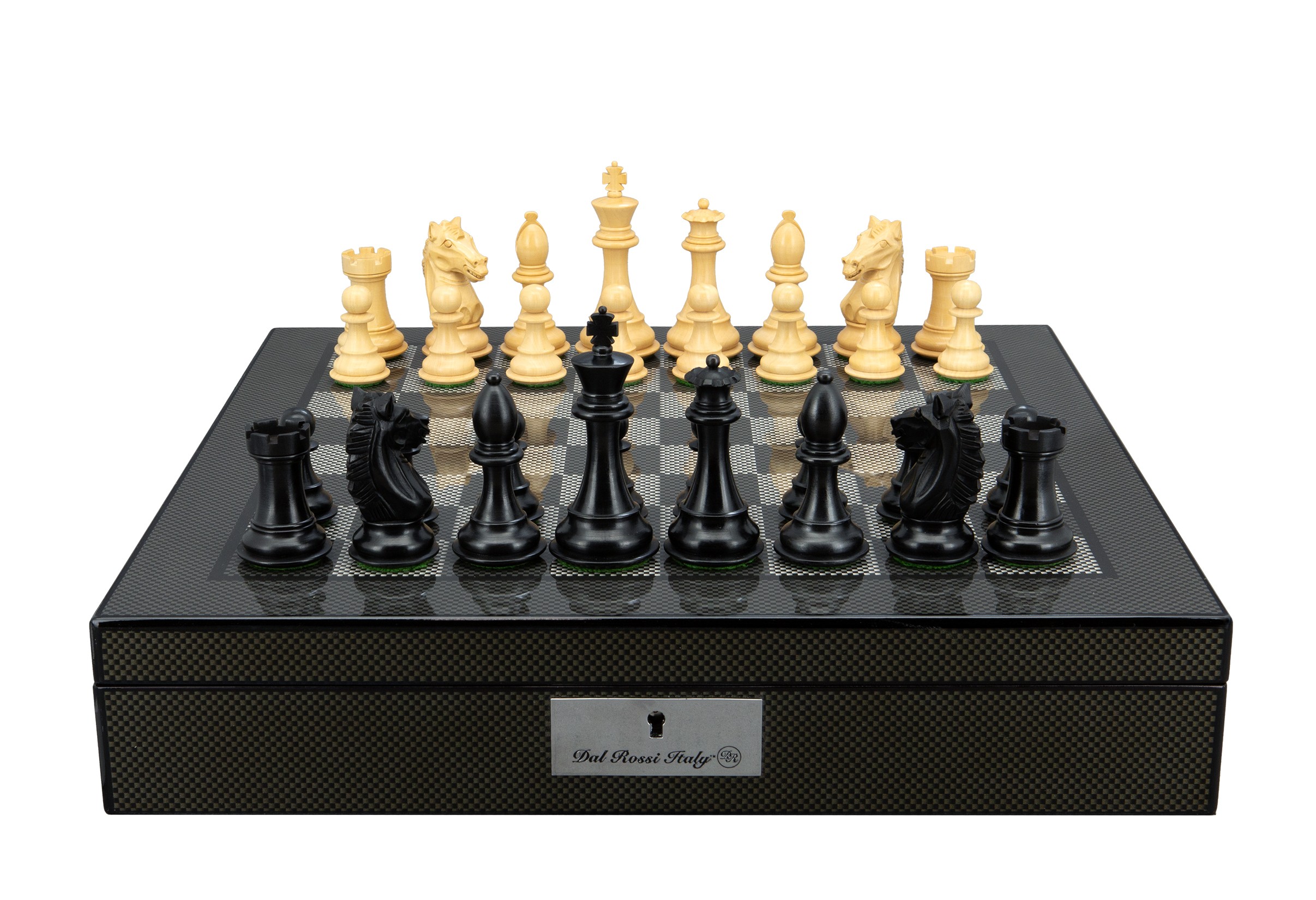 Dal Rossi Italy, Ebony Finish / Boxwood 95mm Wood Double Weighted on a Carbon Fibre Finish Shiny Chess Box with Compartments 16"
