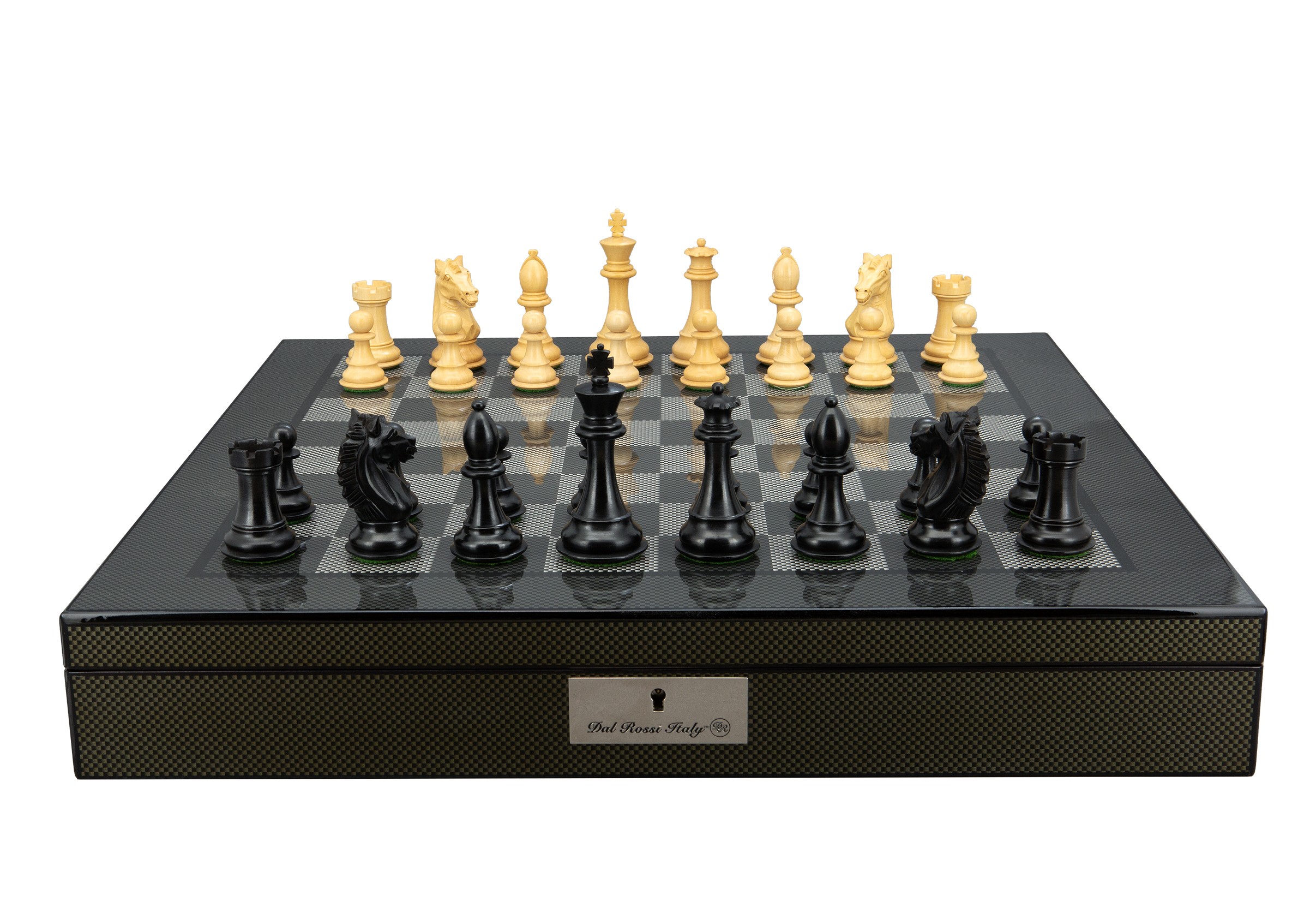 Dal Rossi Italy, Ebony Finish / Boxwood 95mm Wood Double Weighted on a Carbon Fibre Finish Shiny Chess Box with Compartments 20"