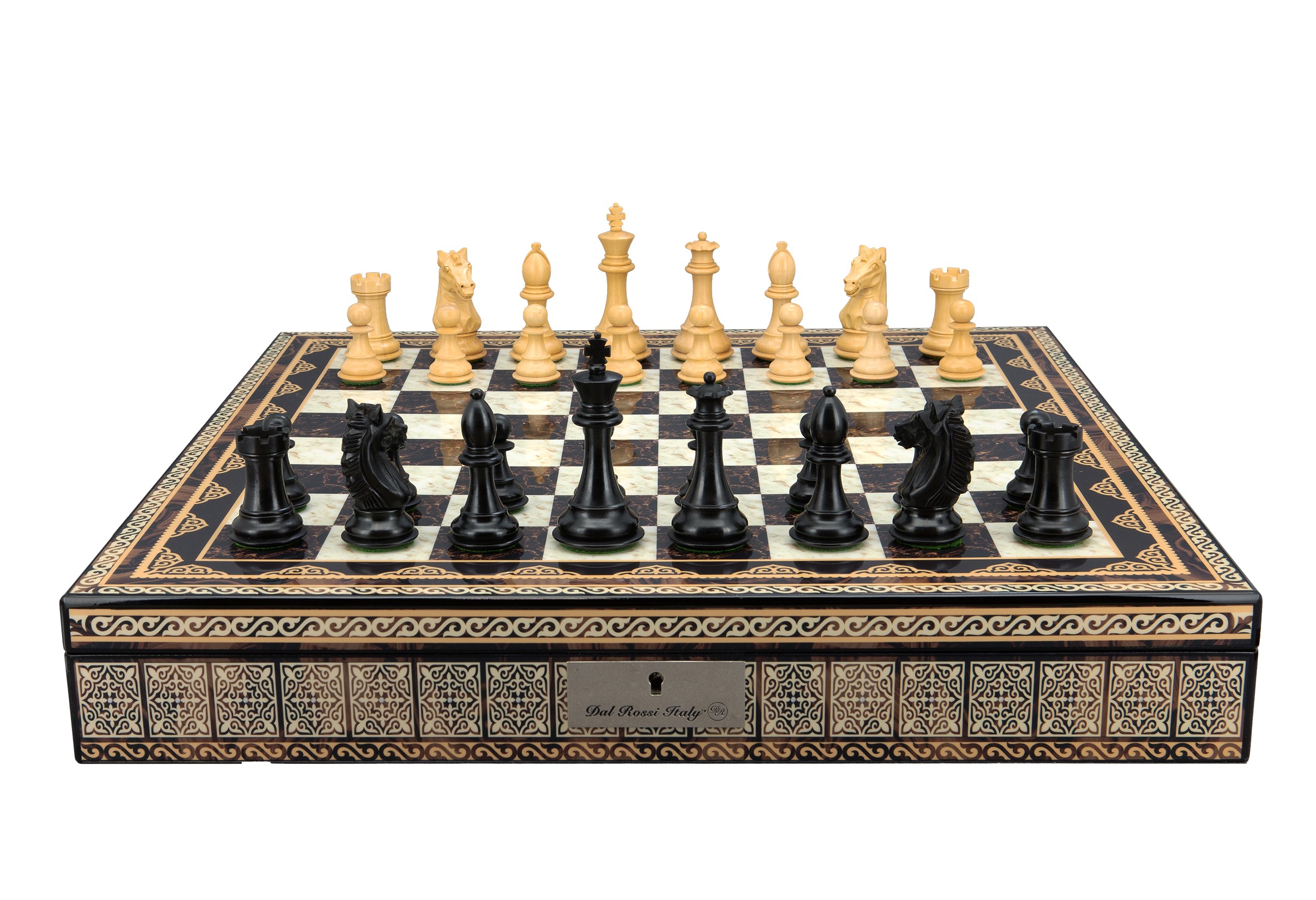 Dal Rossi Italy, Ebony Finish / Boxwood 95mm Wood Double Weighted on a Mosaic Finish Shiny Chess Box with Compartments 20"