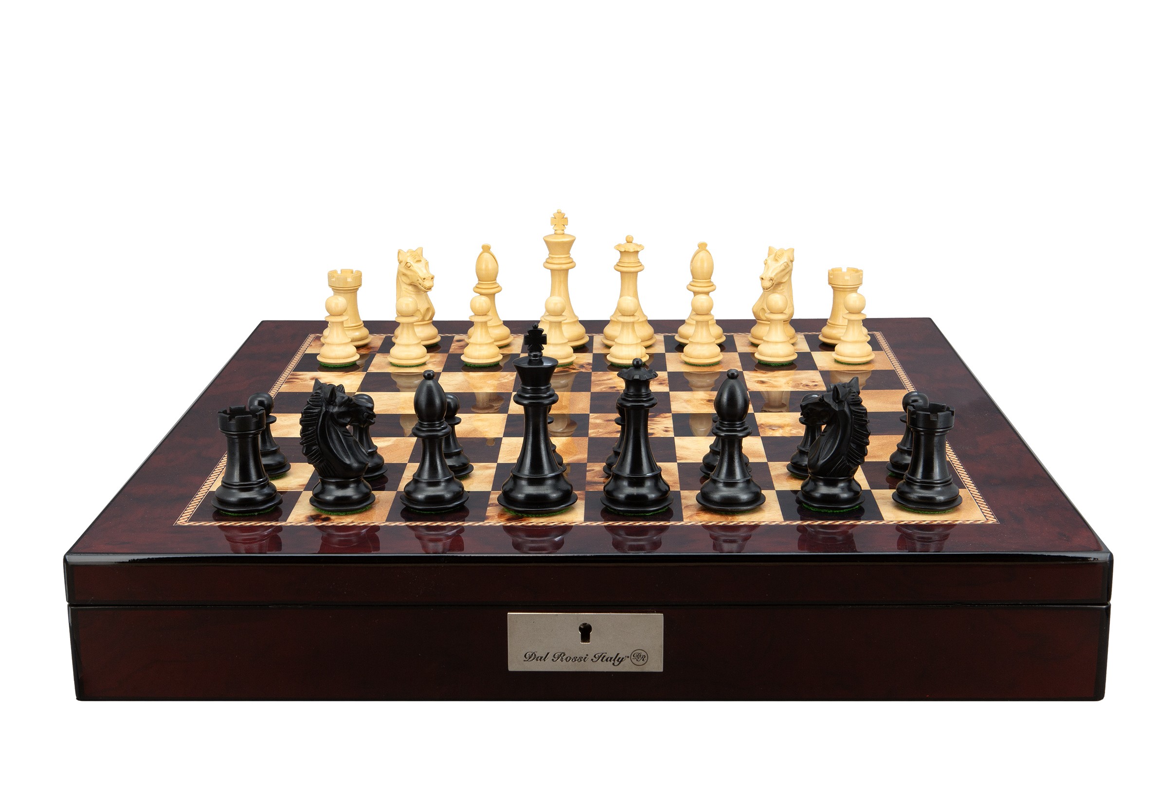 Dal Rossi Italy, Ebony Finish / Boxwood 95mm Wood Double Weighted on a Mahogany Finish Shiny Chess Box with Compartments 20"