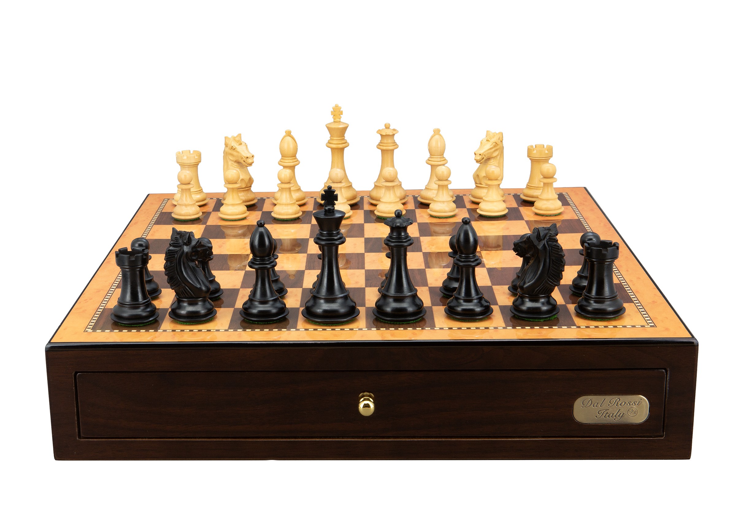 Dal Rossi Italy, Ebony Finish / Boxwood 95mm Wood Double Weighted on a Shiny Walnut Chess Box with two Drawers 18"