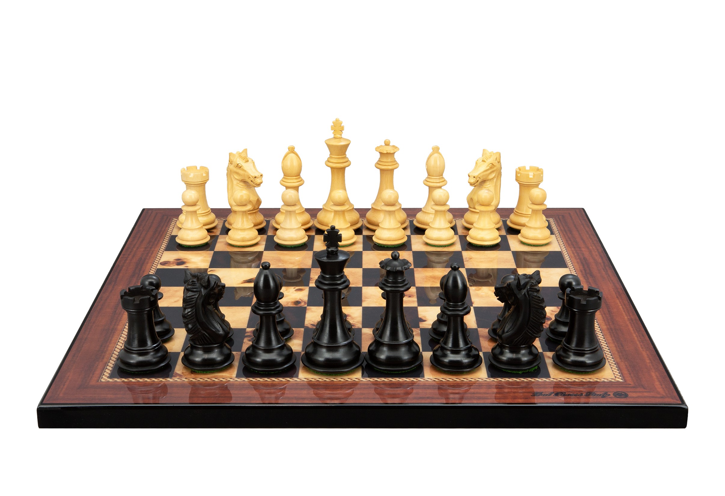 Dal Rossi Italy,  Ebony Finish / Boxwood 95mm Wood Double Weighted on a Walnut Shinny Finish, 40cm Chess Board