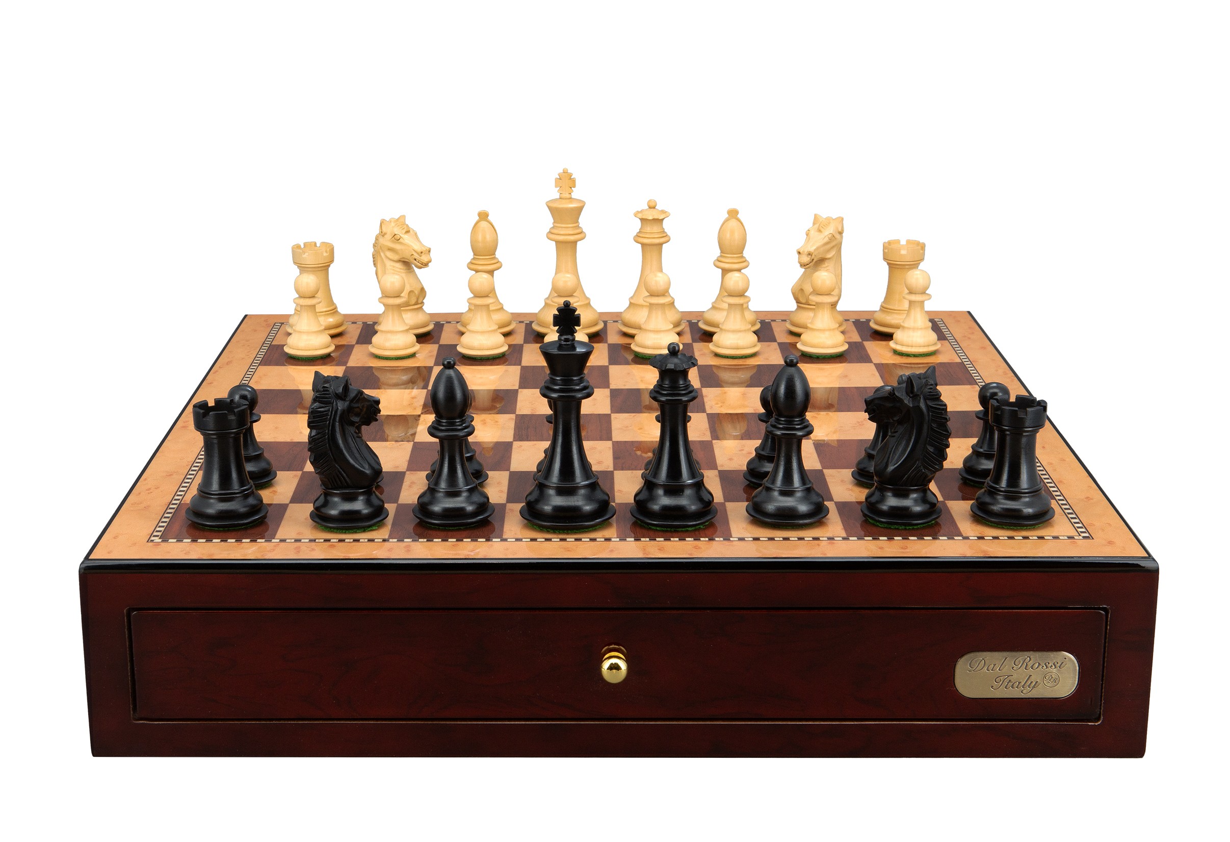 Dal Rossi Italy, Ebony Finish / Boxwood 95mm Wood Double Weighted on a Shiny Mahogany Chess Box with two Drawers 18"
