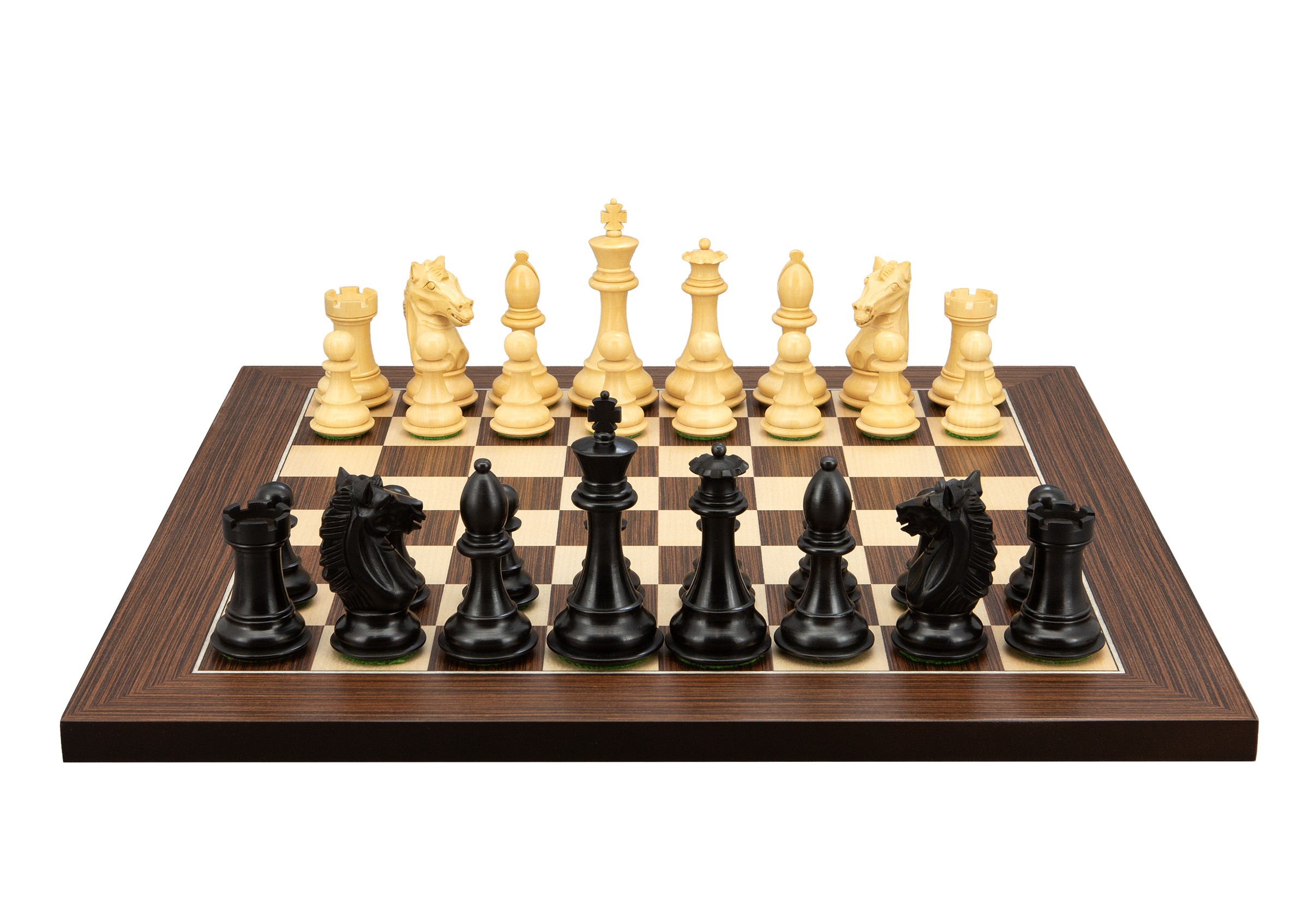 Dal Rossi Italy, Ebony Finish / Boxwood 95mm Wood Double Weighted on a Palisander / Maple, 40cm Chess Board
