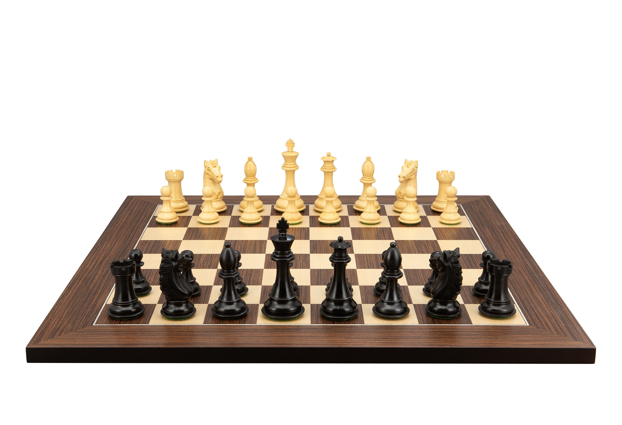 Dal Rossi Italy, Ebony Finish / Boxwood 95mm Wood Double Weighted on a Palisander / Maple, 50cm Chess Board
