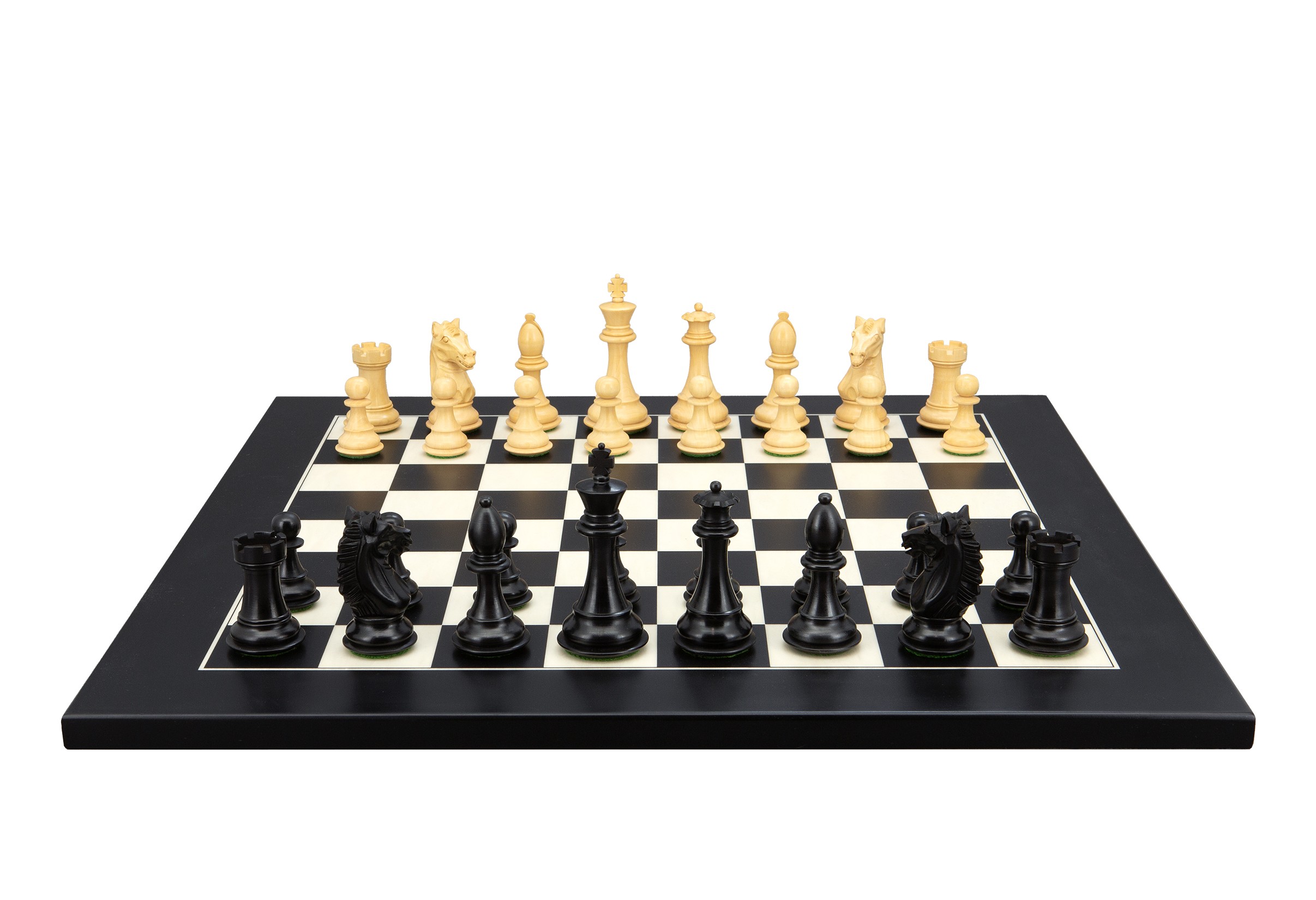 Dal Rossi Italy, Ebony Finish / Boxwood 95mm Wood Double Weighted on a Black / Erable, 20cm Chess Board