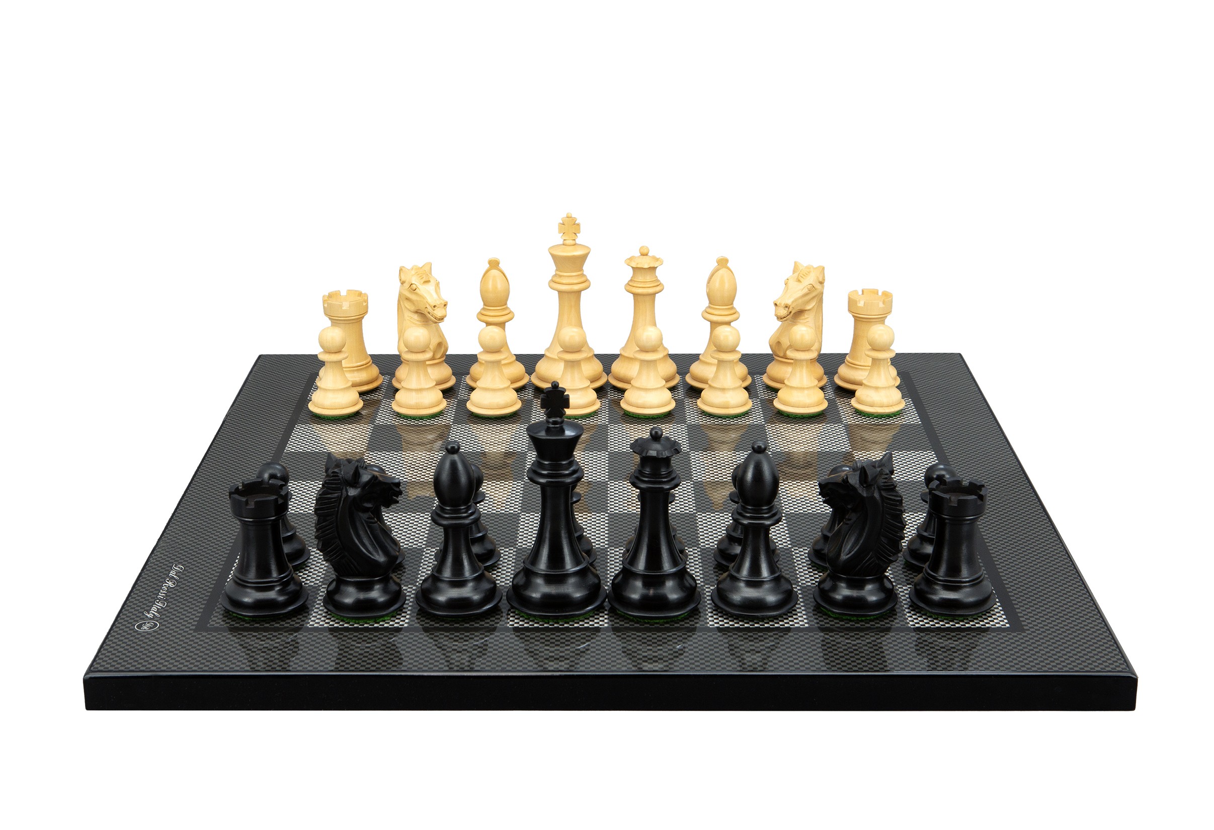 Dal Rossi Italy,  Ebony Finish / Boxwood 95mm Wood Double Weighted on a Carbon Fibre Shinny Finish, 40cm Chess Board