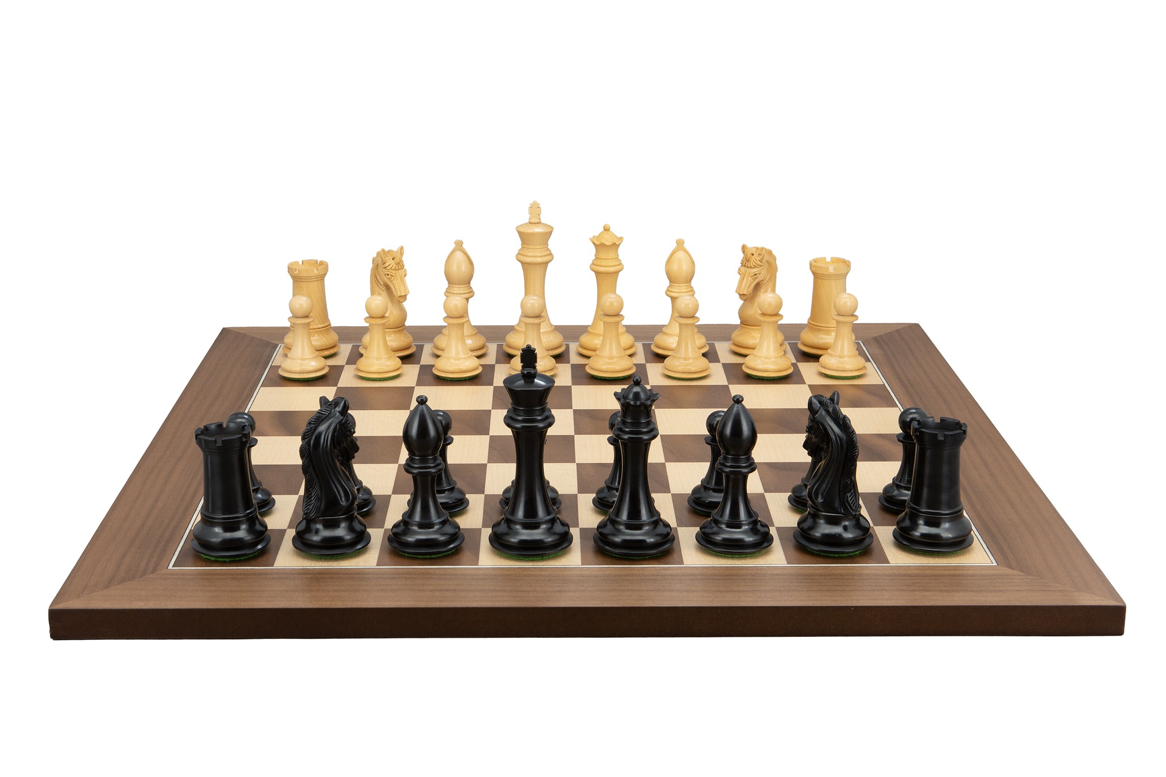 Dal Rossi Italy, Ebony Finish / Boxwood 105mm Wood Double Weighted on a Walnut Inlaid, 50cm Chess Board