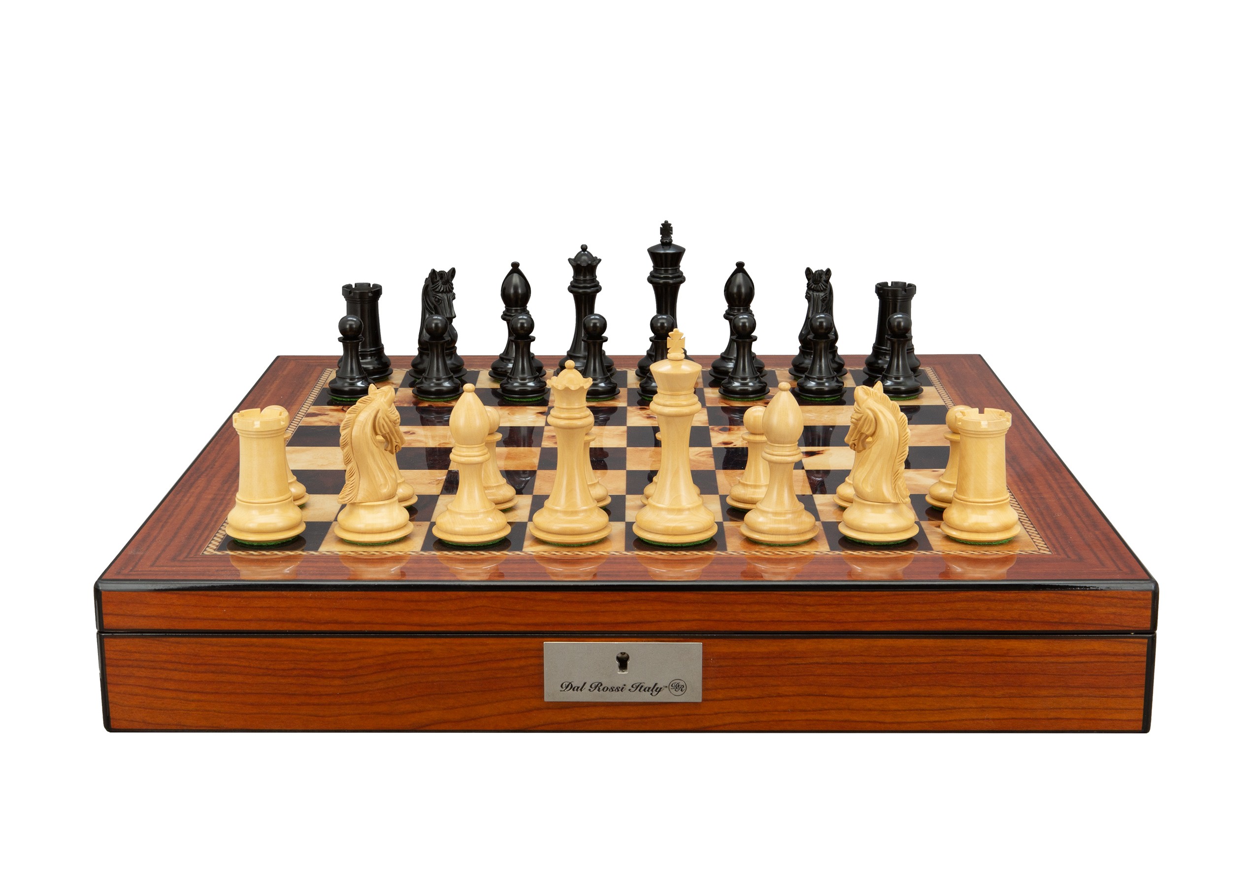 Dal Rossi Italy, Ebony Finish / Boxwood 105mm Wood Double Weighted on a Walnut Finish Shiny Chess Box with Compartments 20"