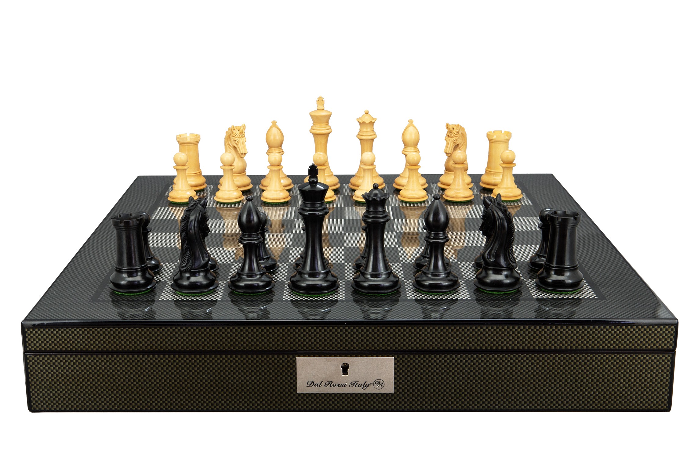 Dal Rossi Italy, Ebony Finish / Boxwood 105mm Wood Double Weighted on a Carbon Fibre Finish Shiny Chess Box with Compartments 20"