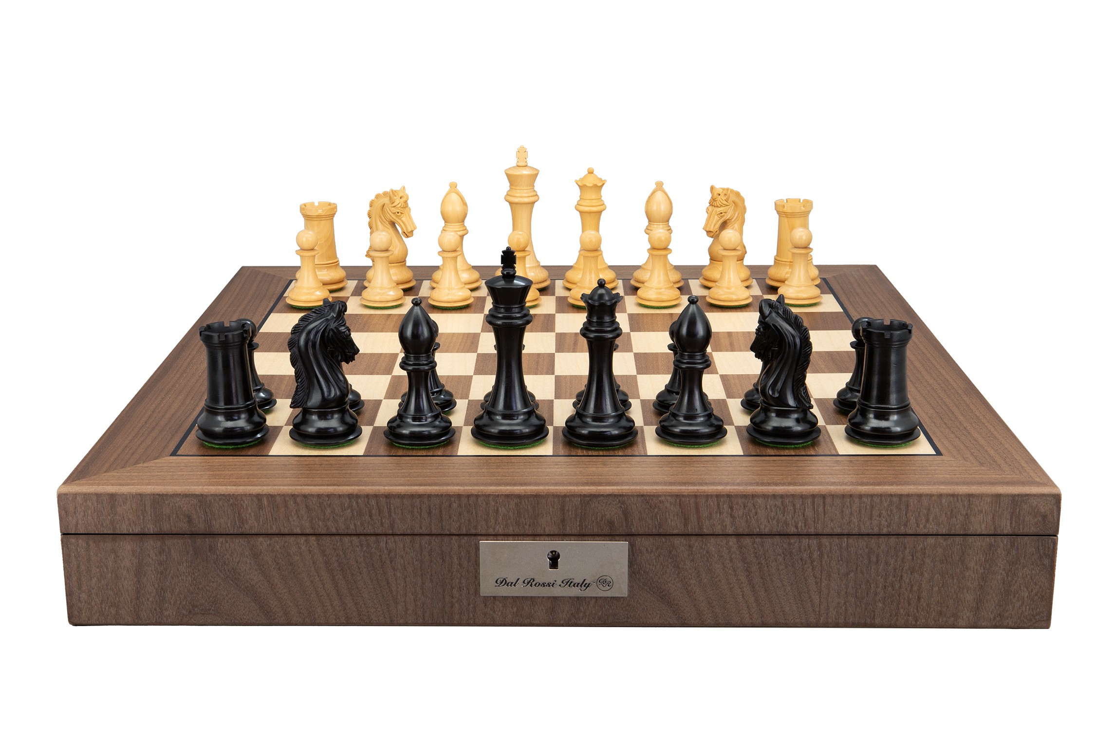 Dal Rossi Italy, Ebony Finish / Boxwood 95mm Wood Double Weighted on a Walnut Inlaid Chess Box with Compartments 20"