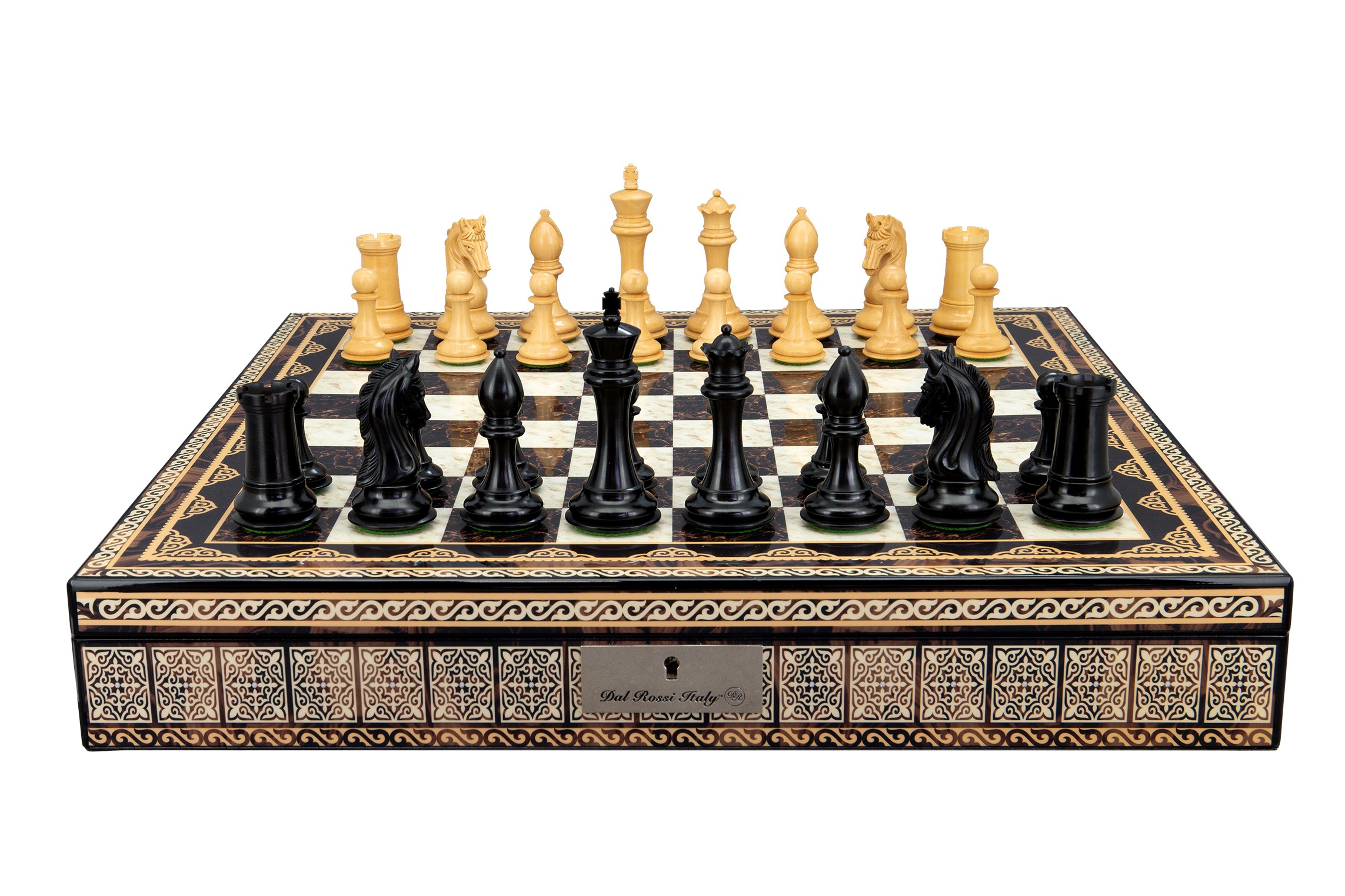 Dal Rossi Italy, Ebony Finish / Boxwood 105mm Wood Double Weighted on a Mosaic Finish Shiny Chess Box with Compartments 20"