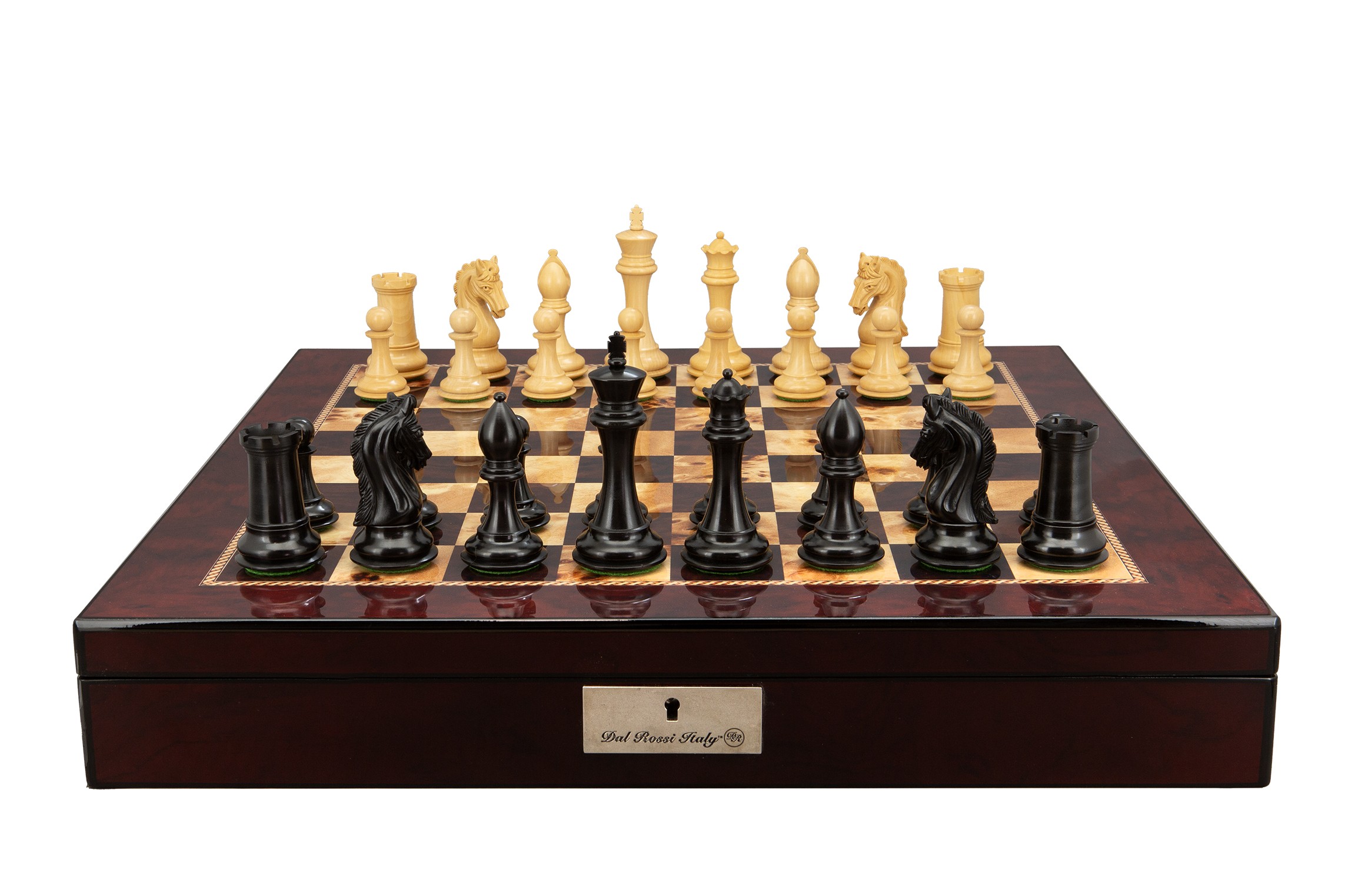 Dal Rossi Italy, Ebony Finish / Boxwood 105mm Wood Double Weighted on a Mahogany Finish Shiny Chess Box with Compartments 20"