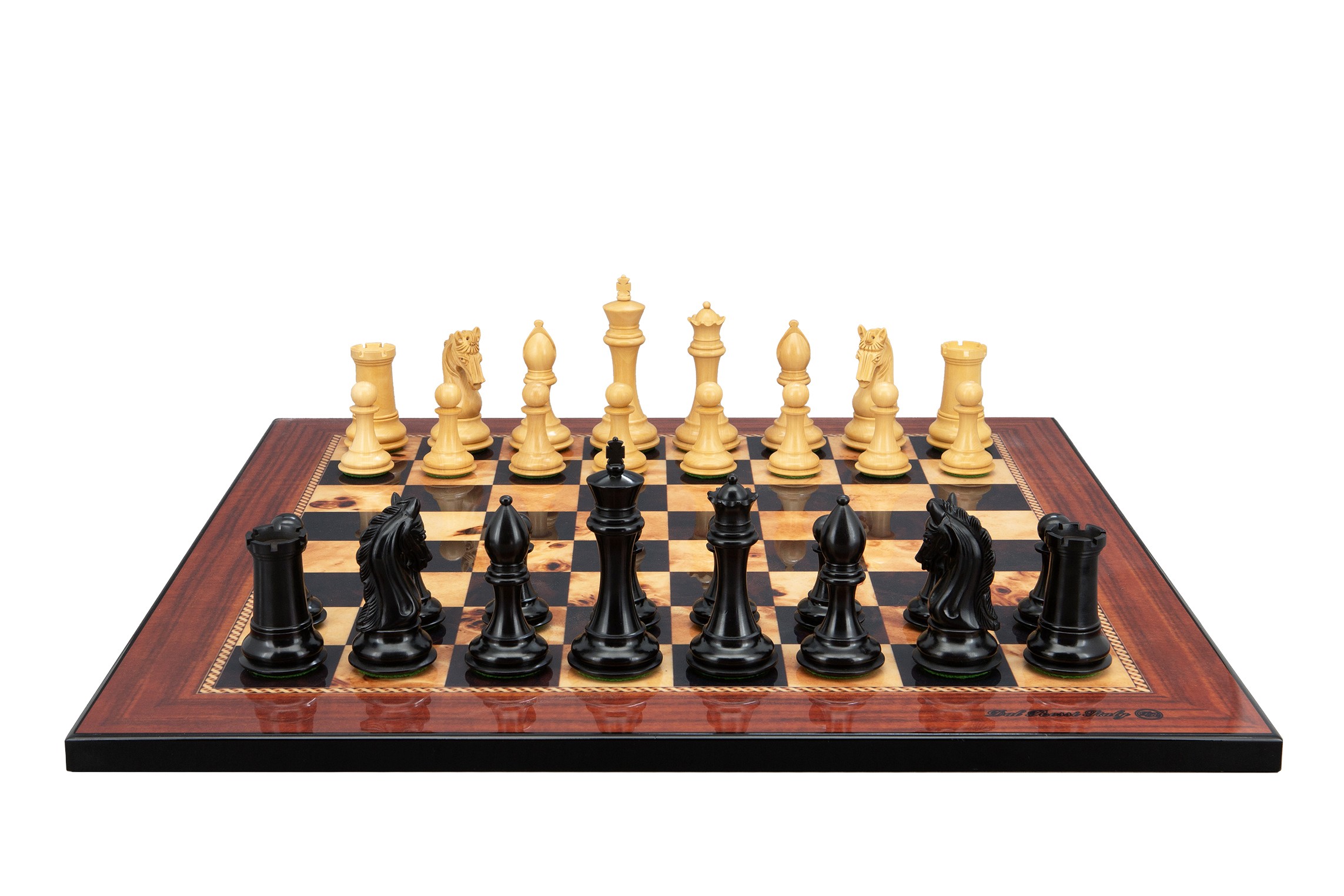 Dal Rossi Italy, Ebony Finish / Boxwood 105mm Wood Double Weighted on a Walnut Shinny Finish, 50cm Chess Board