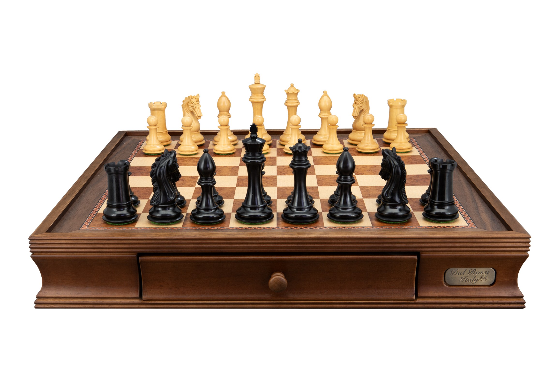 Dal Rossi Ebony Finish / Boxwood 105mm Wood Double Weighted on a Walnut Inlaid Chess Box with Drawers 20"