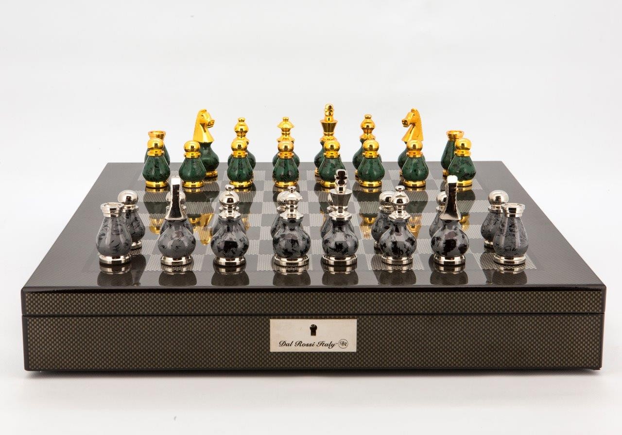 Dal Rossi Italy Chess Set Carbon Fibre Finish 20″ With Compartments, With Gray and Green Gold and Silver Tops and Bottoms Chessmen 90mm