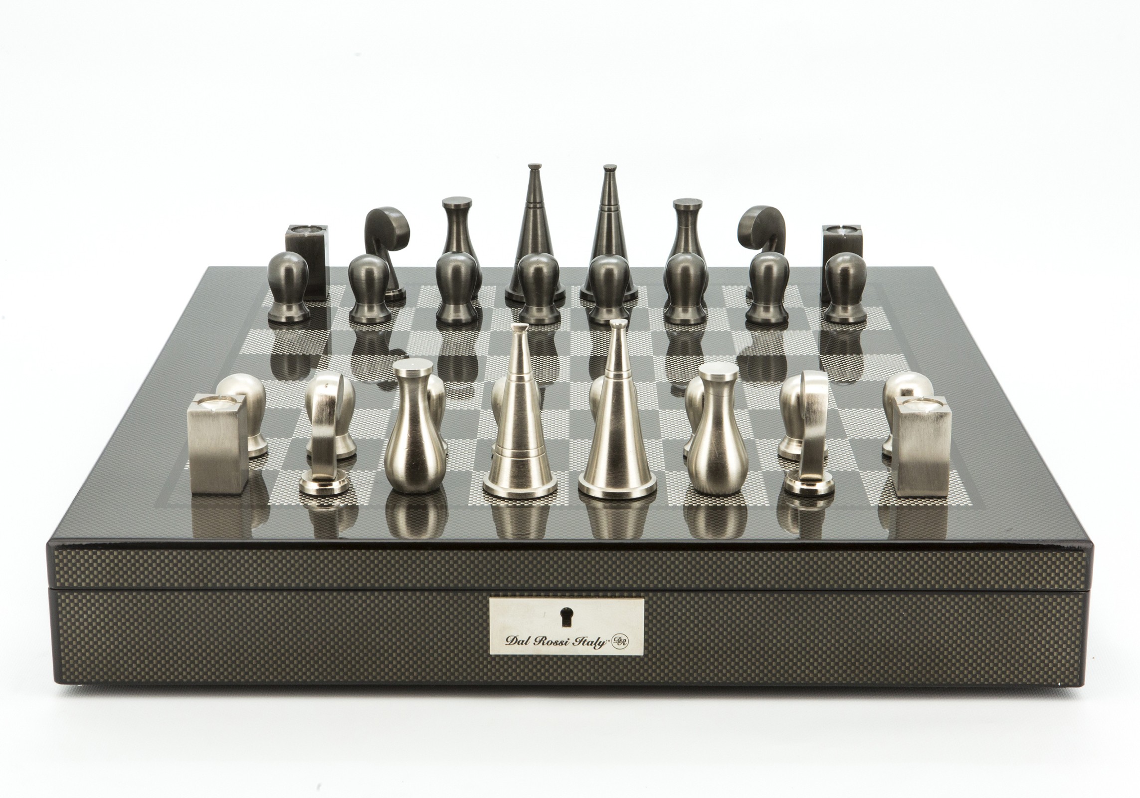 Dal Rossi Italy Chess Set Carbon Fibre Finish 20″ With Compartments, With Metal Dark Titanium and Silver 90mm Chessmen