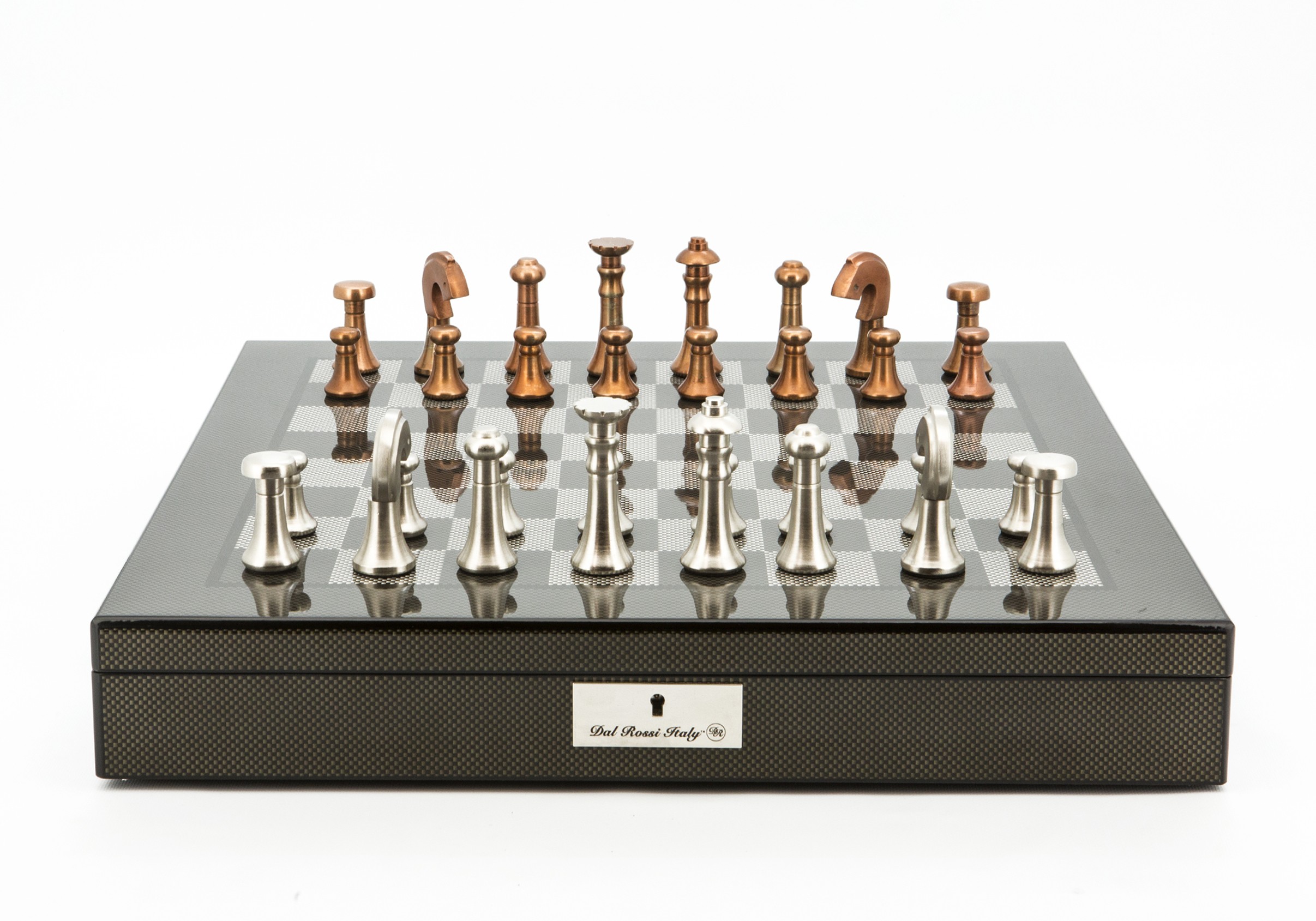 Dal Rossi Italy Chess Set Carbon Fibre Shinny Finish 20″ With Compartments, With Metal Copper and silver Chessmen 80mm