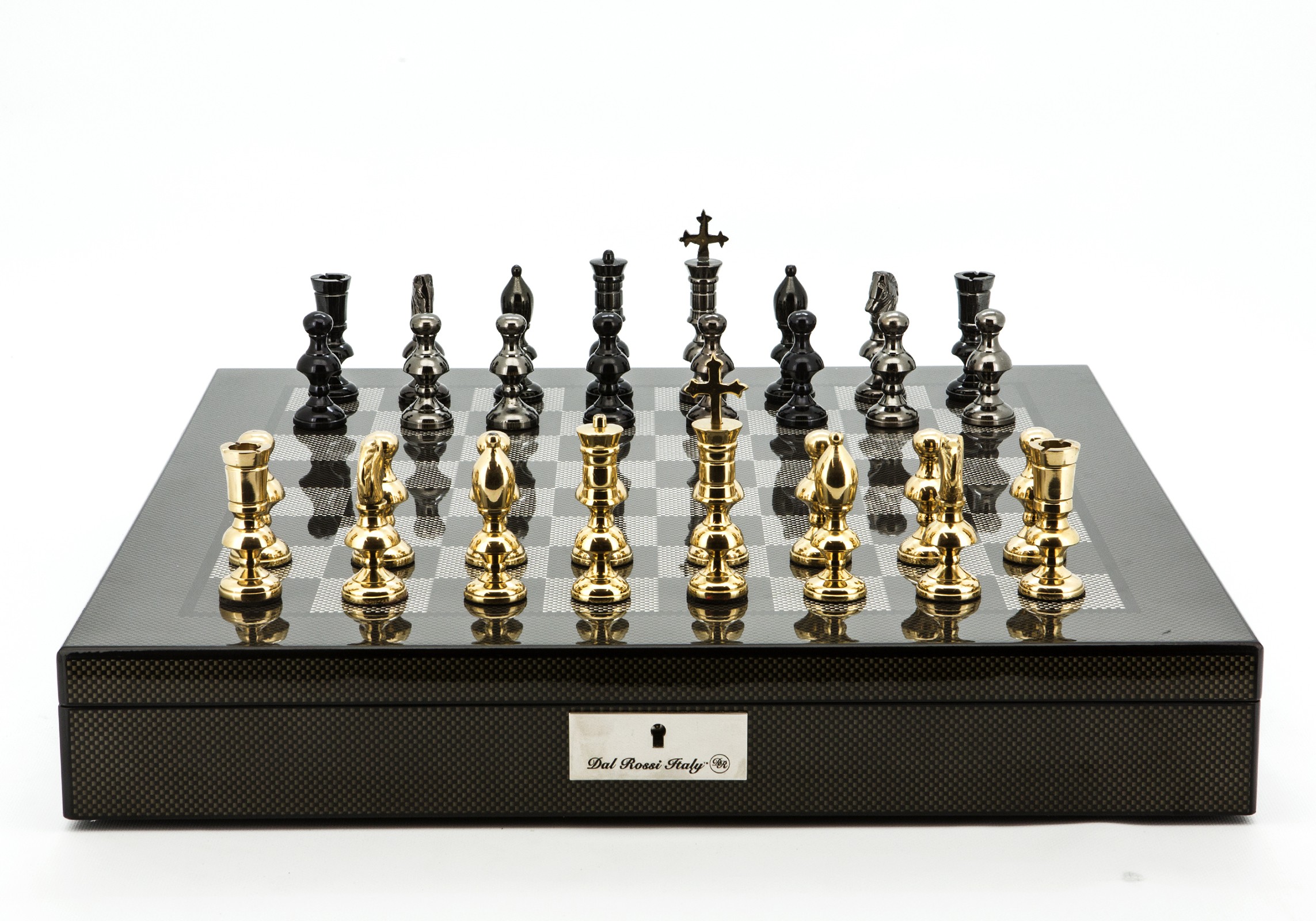 Dal Rossi Italy Chess Set Carbon Fibre Shinny Finish 20″ With Compartments, With Metal Dark Titanium and Gold Chessmen 110mm