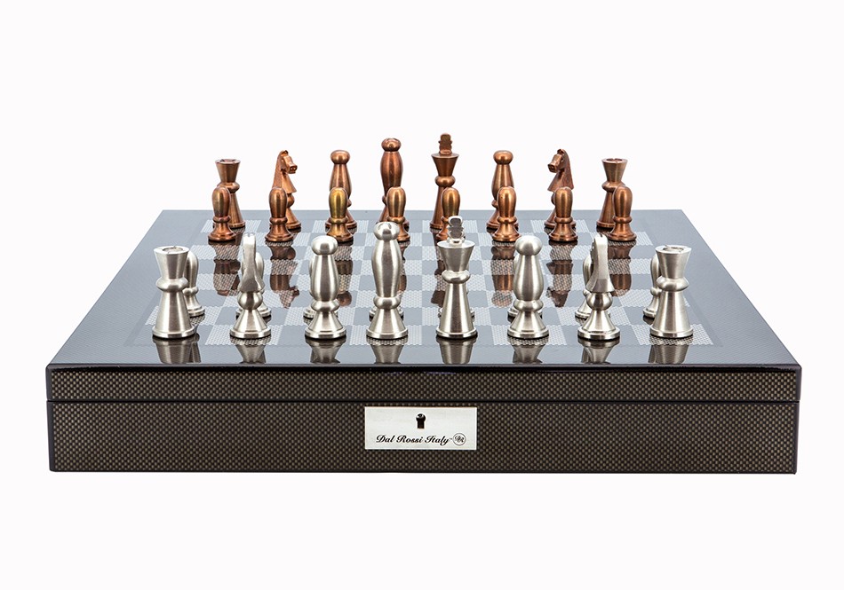Dal Rossi Italy Chess Set Carbon Fibre Finish 20″ With Compartments, With Copper & Silver Weighted Metal Chess Pieces 85mm pieces