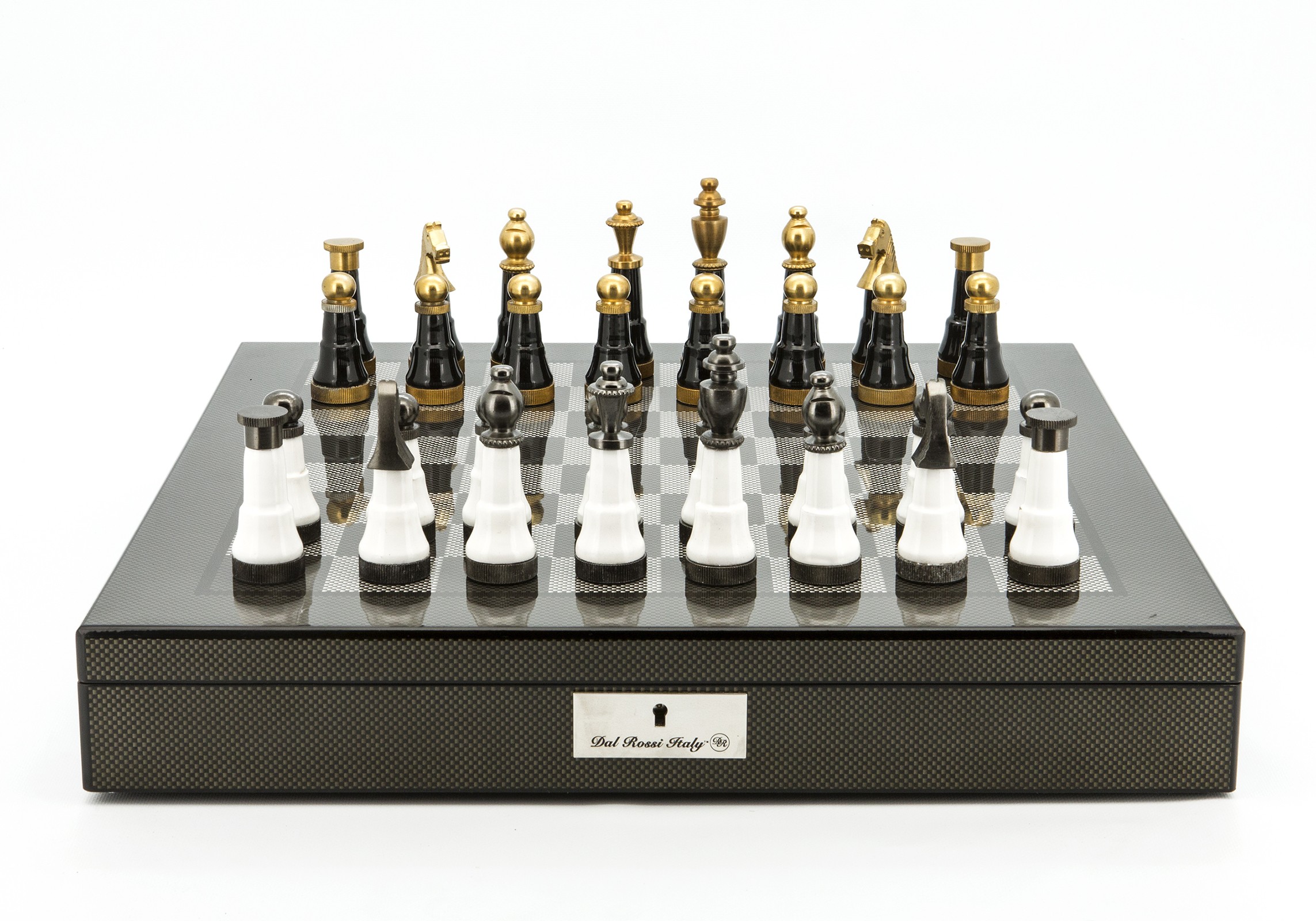 Dal Rossi Italy Chess Set Carbon Fibre Shinny Finish 20″ With Compartments, With Black and White with Gold and Gun Metal Tops and Bottoms Chessmen 110mm 