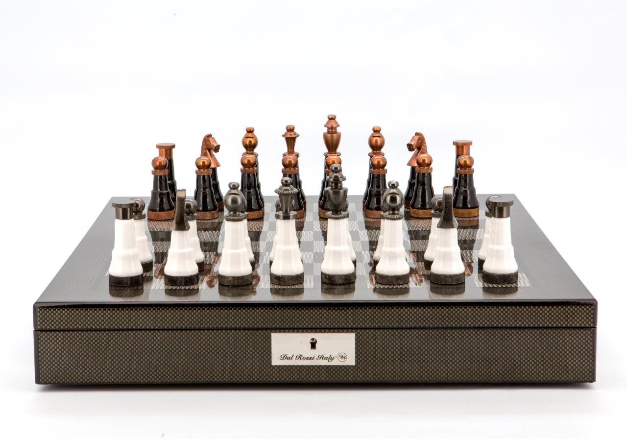 Dal Rossi Italy Chess Set Carbon Fibre Finish 20″ With Compartments, With Black and White Copper and Gun Metal Gray Tops Pieces 110mm