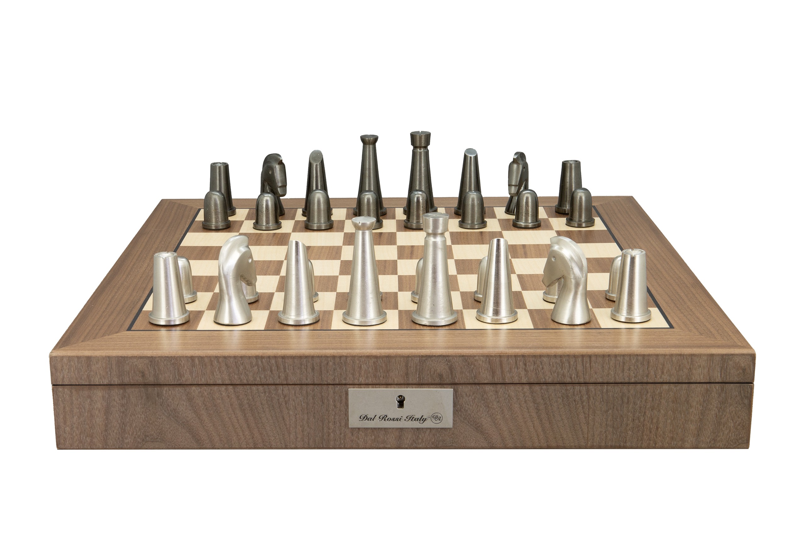 Dal Rossi Italy Metal Dark Titanium and Silver 85mm on a Walnut Inlaid Chess Box with Compartments 20"