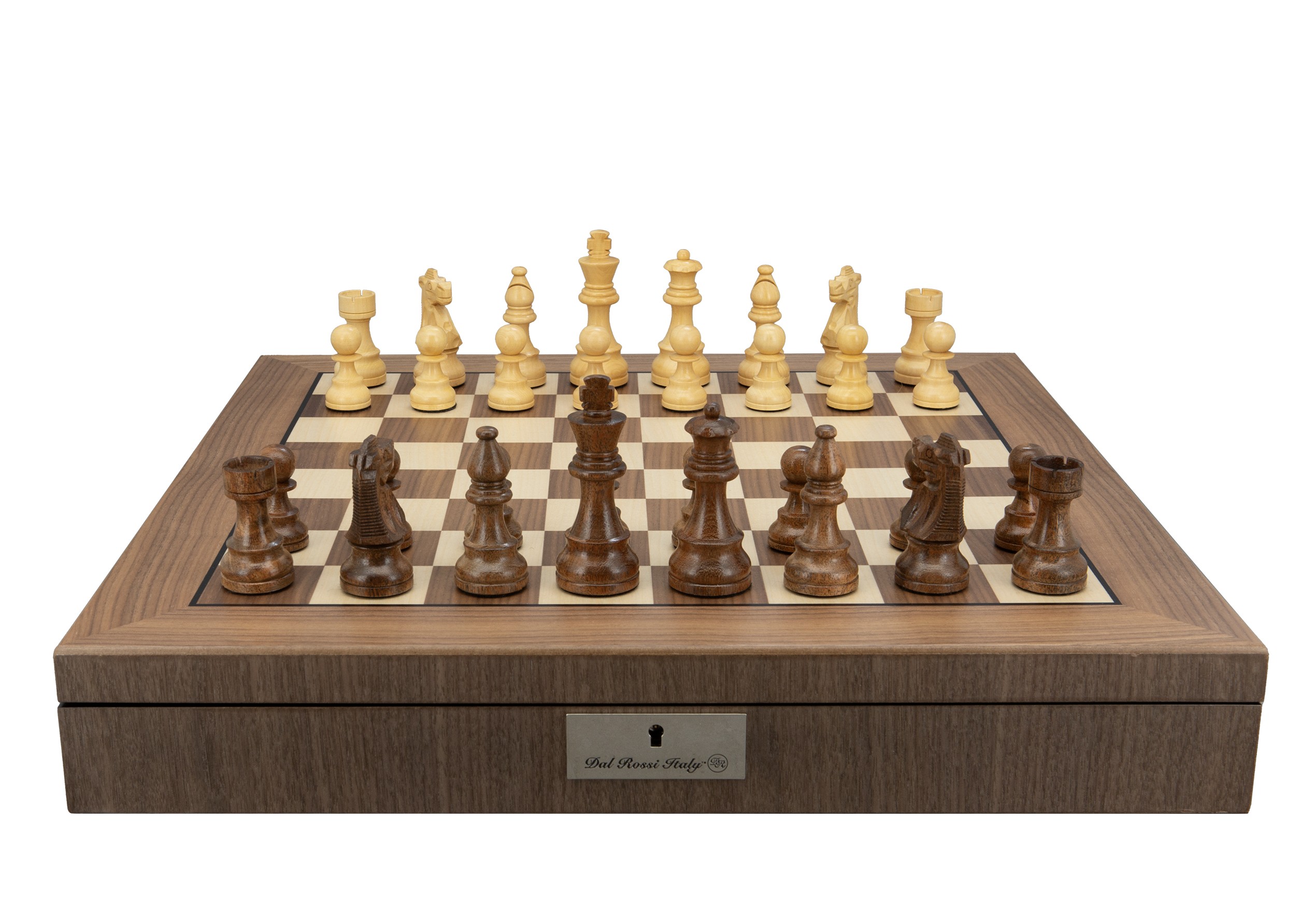 Dal Rossi Italy, Staunton Boxwood/Sheesham95mm Wood Double Weighted Chessmen on a Walnut Inlaid Chess Box with Compartments 20"