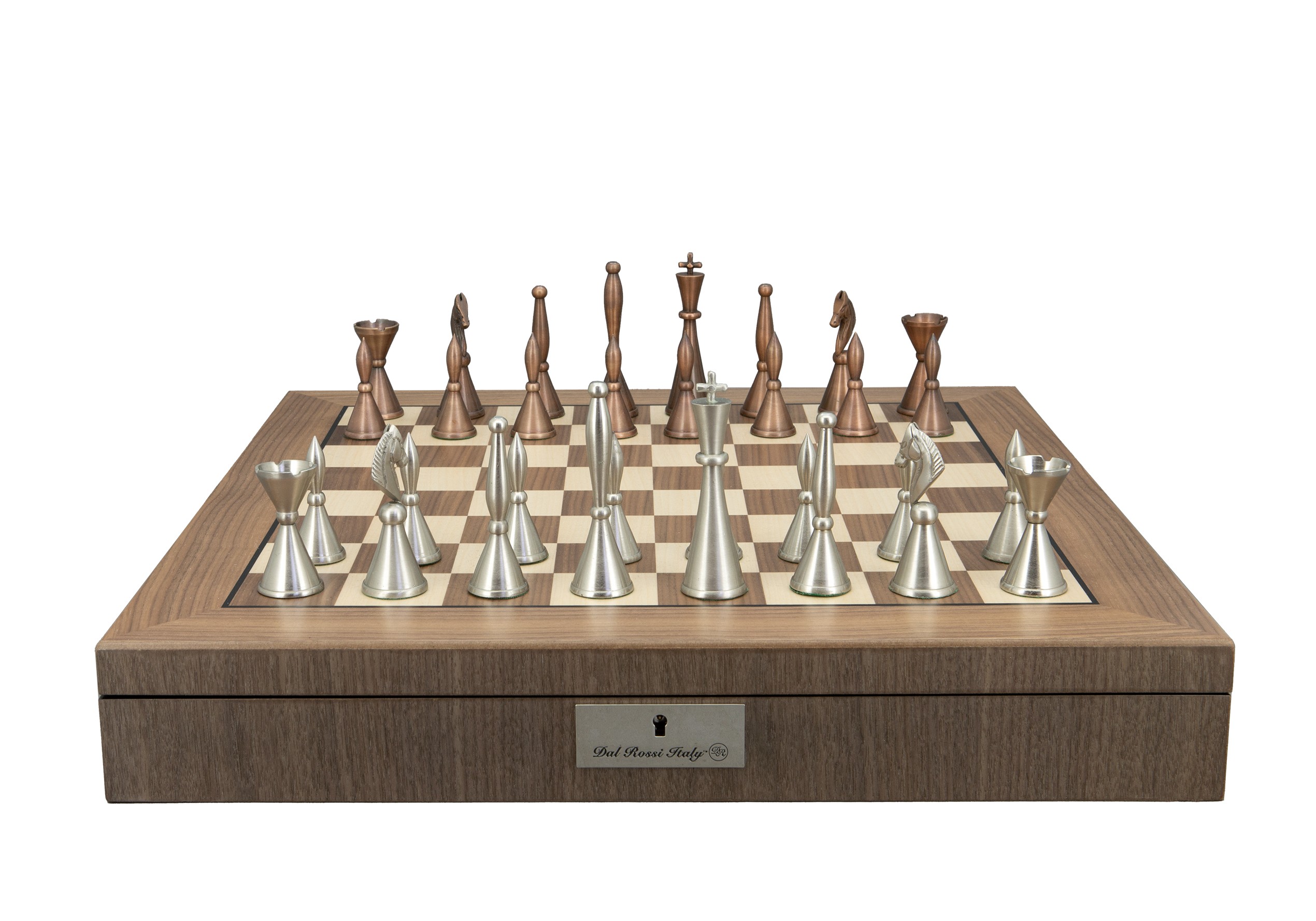 Dal Rossi Italy, Staunton Metal Chessmen on a Walnut Inlaid Chess Box with Compartments 20"
