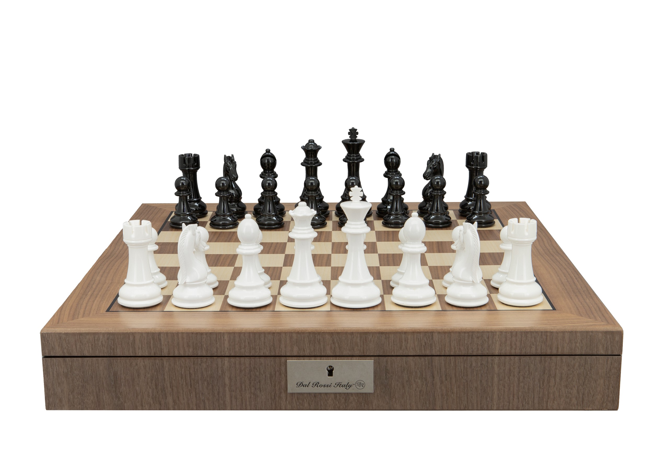Dal Rossi Italy Black and White Weight  pieces110mm Chessmen on a Walnut Inlaid Chess Box with Compartments 20" 