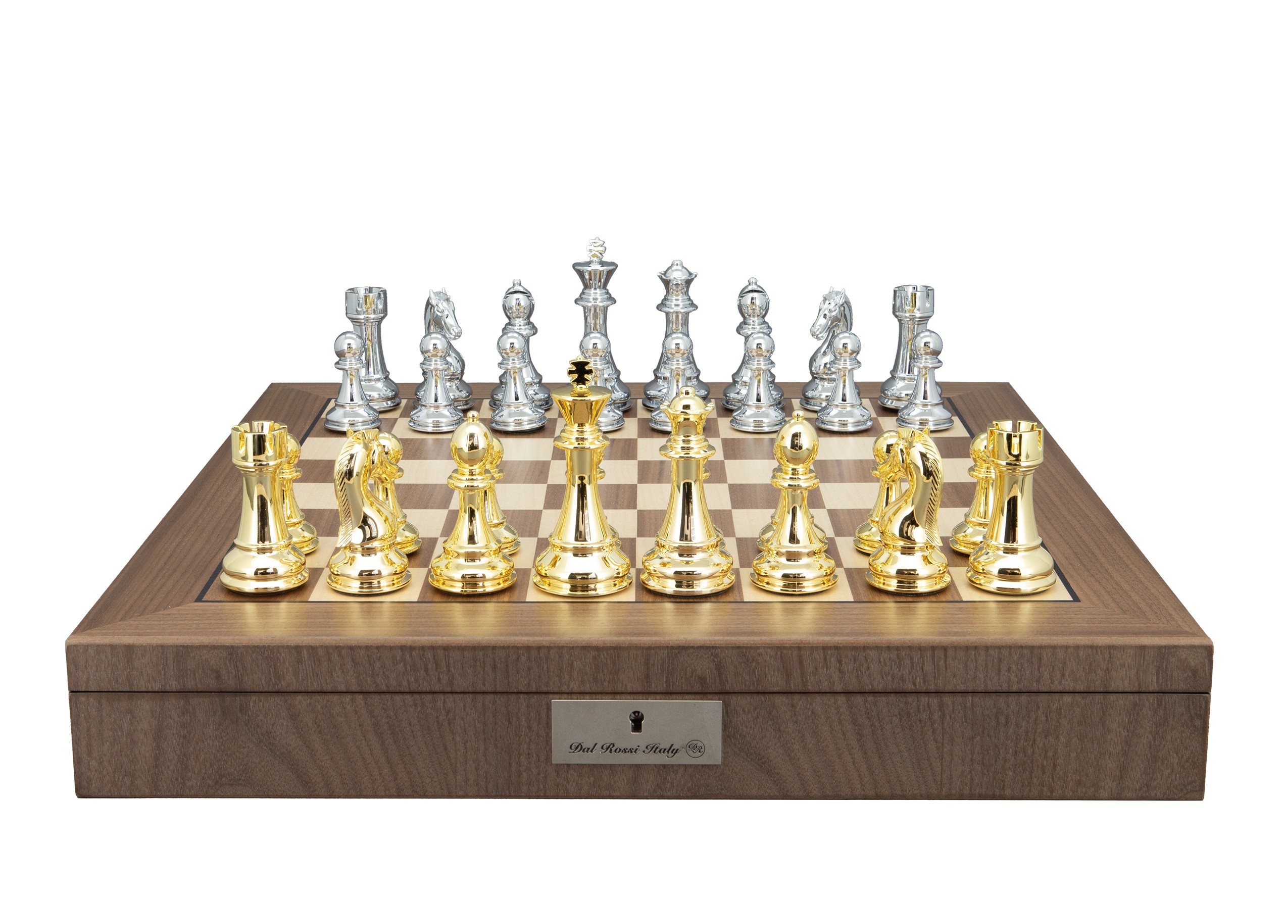 Dal Rossi Italy Gold and Silver Weighted Chess Pieces 110mm Chessmen on a Walnut Inlaid Chess Box with Compartments 20" 