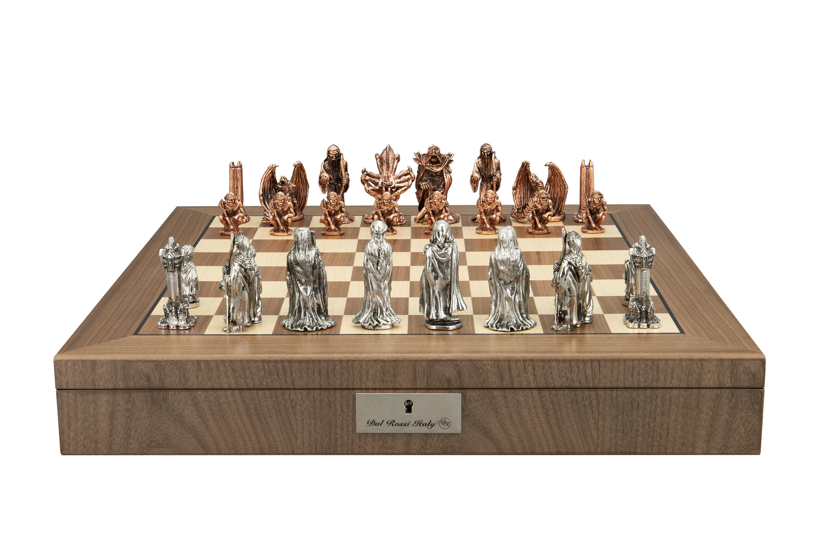 Dal Rossi Evil Ring Metal Chessmen on a Walnut Inlaid Chess Box with Compartments 20"