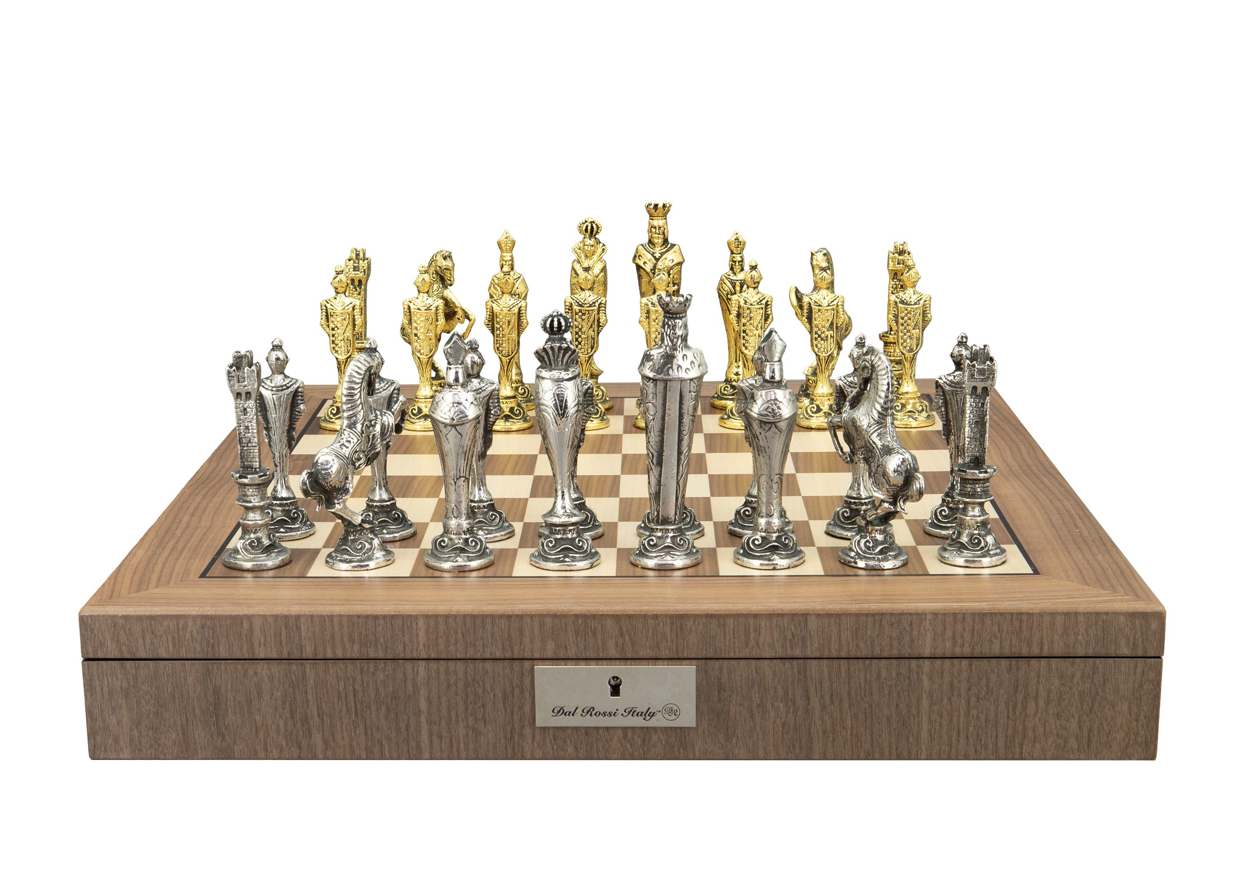 Dal Rossi Italy, “Renaissance” Chessmen on a Walnut Inlaid Chess Box with Compartments 20"
