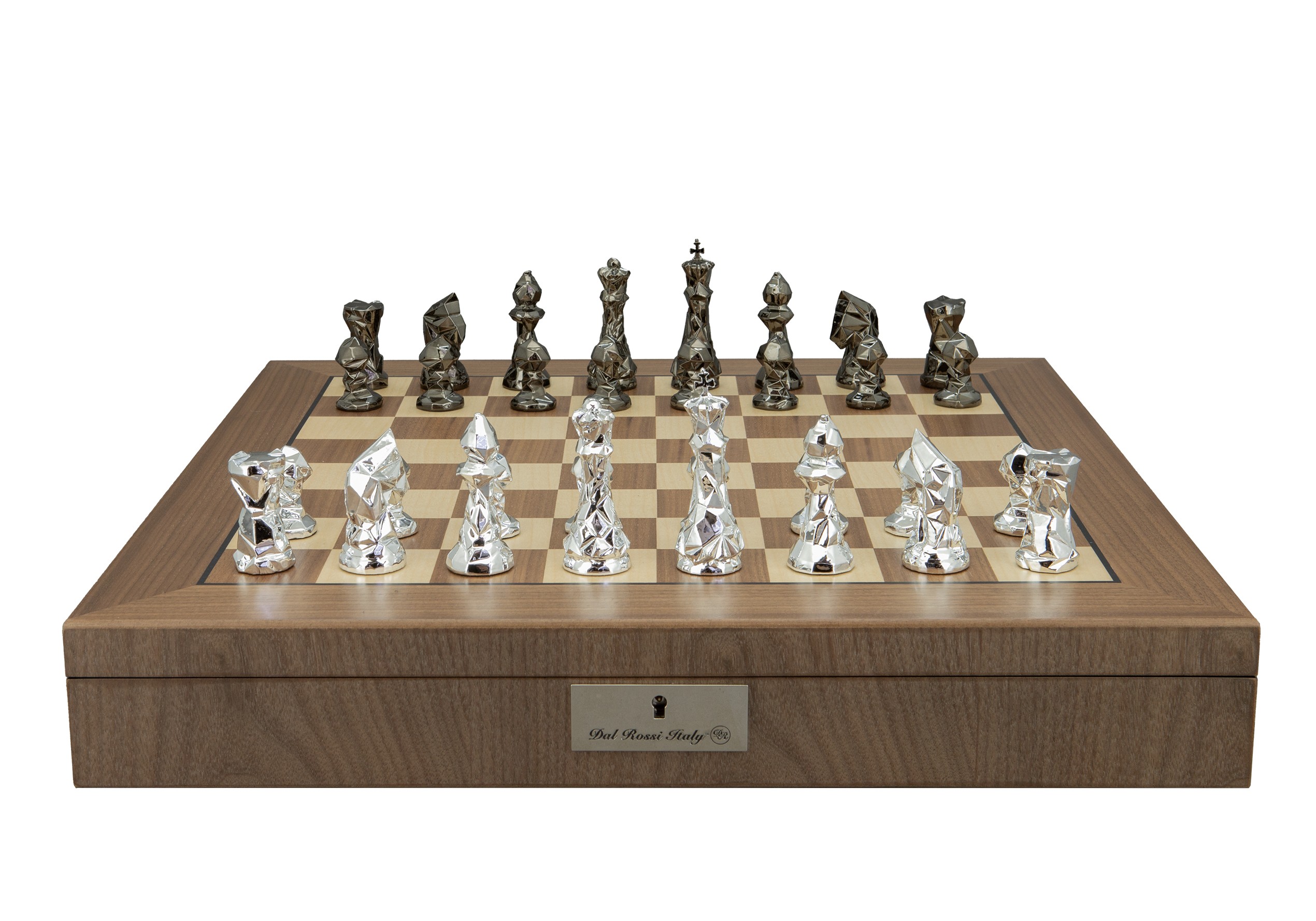  Dal Rossi Diamond-Cut Titanium & Silver Chessmen on a Walnut Inlaid Chess Box with Compartments 20"
