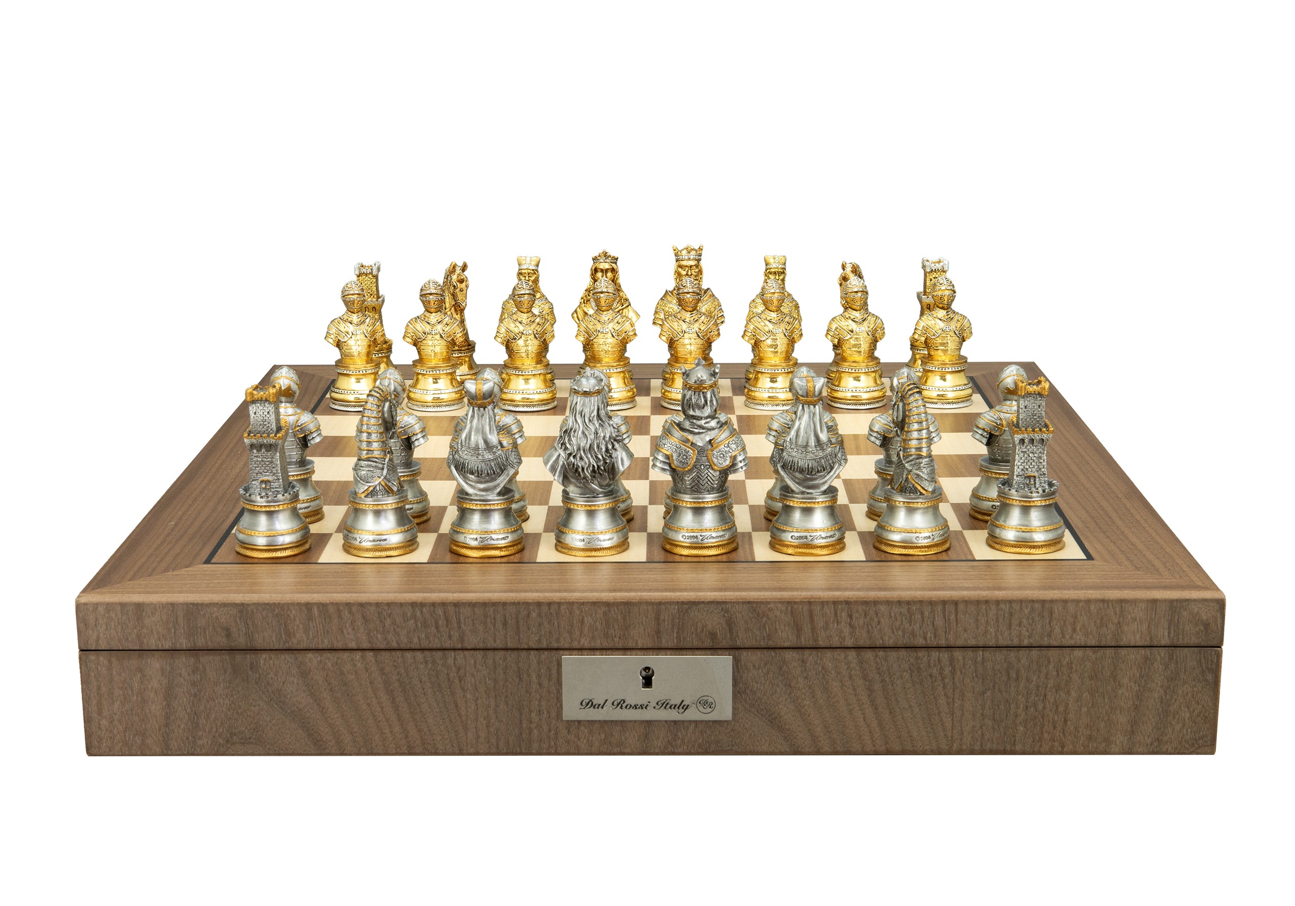 Dal Rossi Italy, Medieval Warriors chessmen on a Walnut Inlaid Chess Box with Compartments 20"