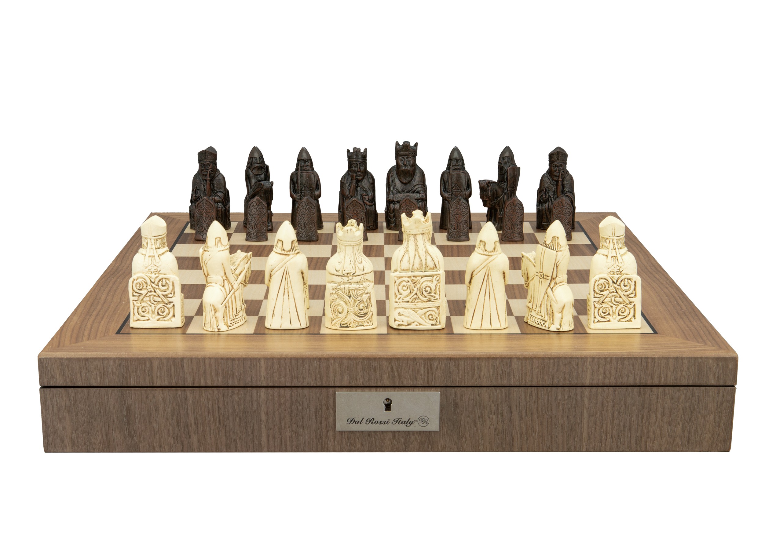 Dal Rossi Italy, Isle of Lewis Chessmen on a Walnut Inlaid Chess Box with Compartments 20"