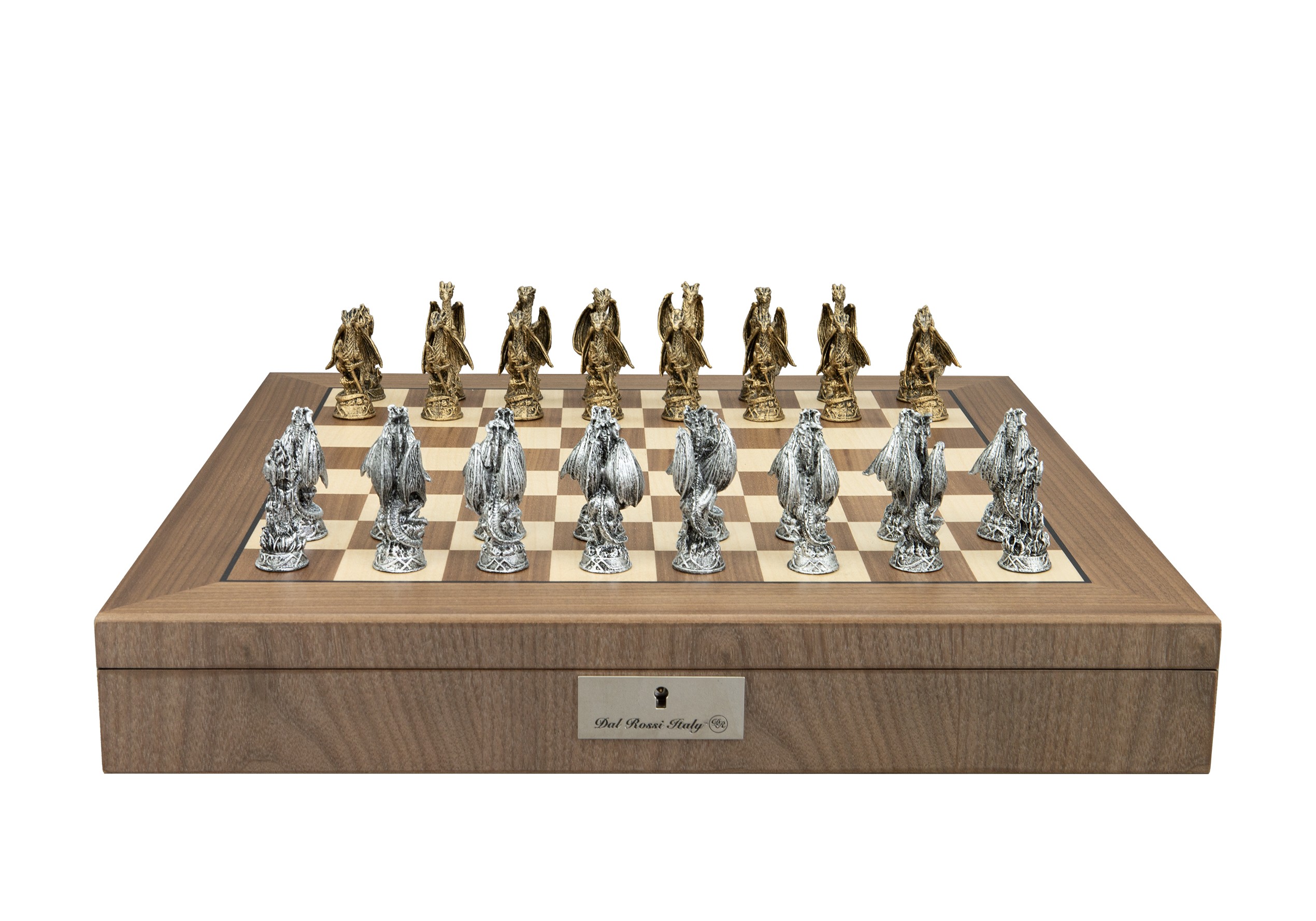 Dal Rossi Italy, Dragon, Pewter Chessmen on a Walnut Inlaid Chess Box with Compartments 20"
