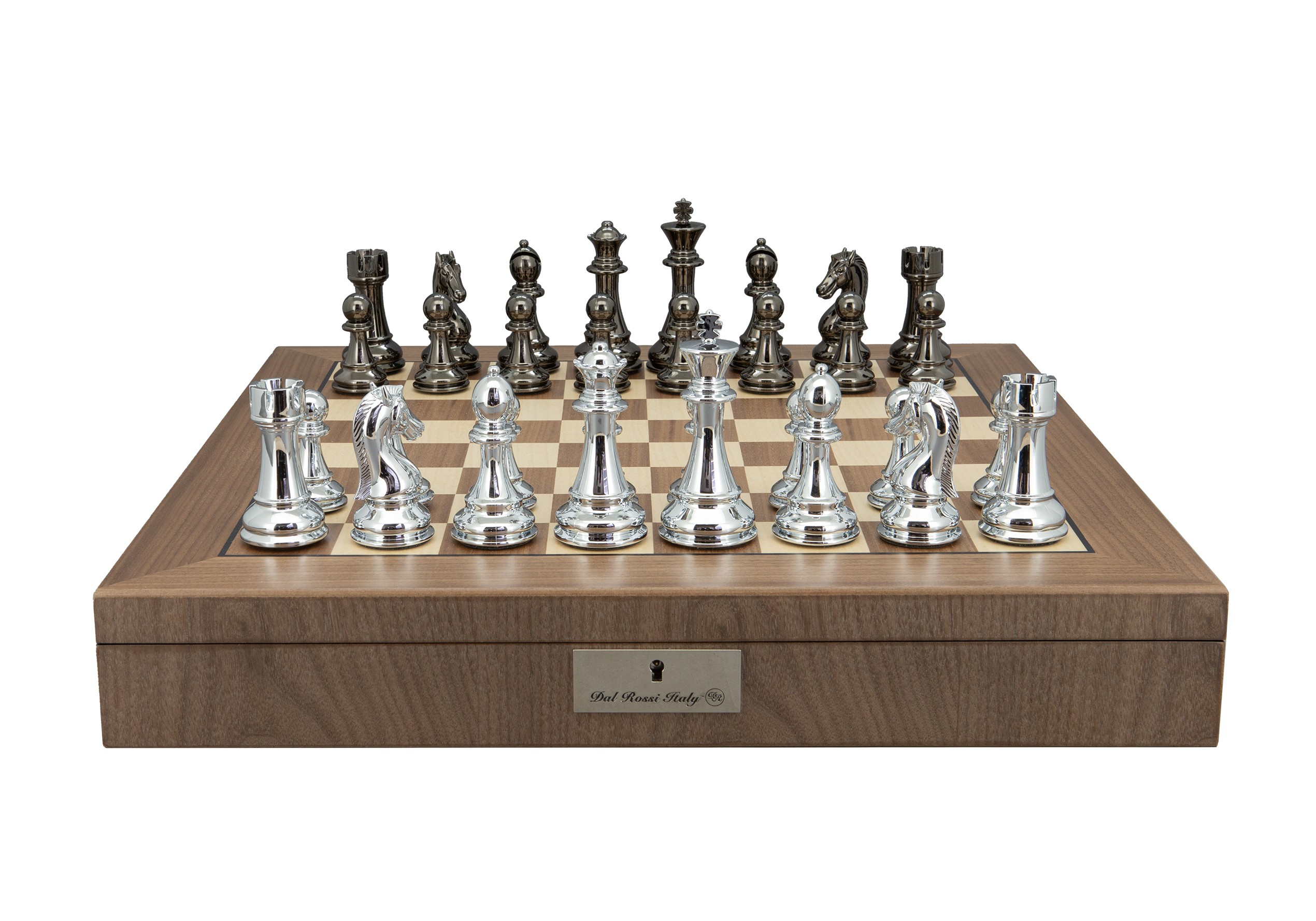Dal Rossi Italy Silver and Black Weight  Chess pieces110mm Chessmen on a Walnut Inlaid Chess Box with Compartments 20" 