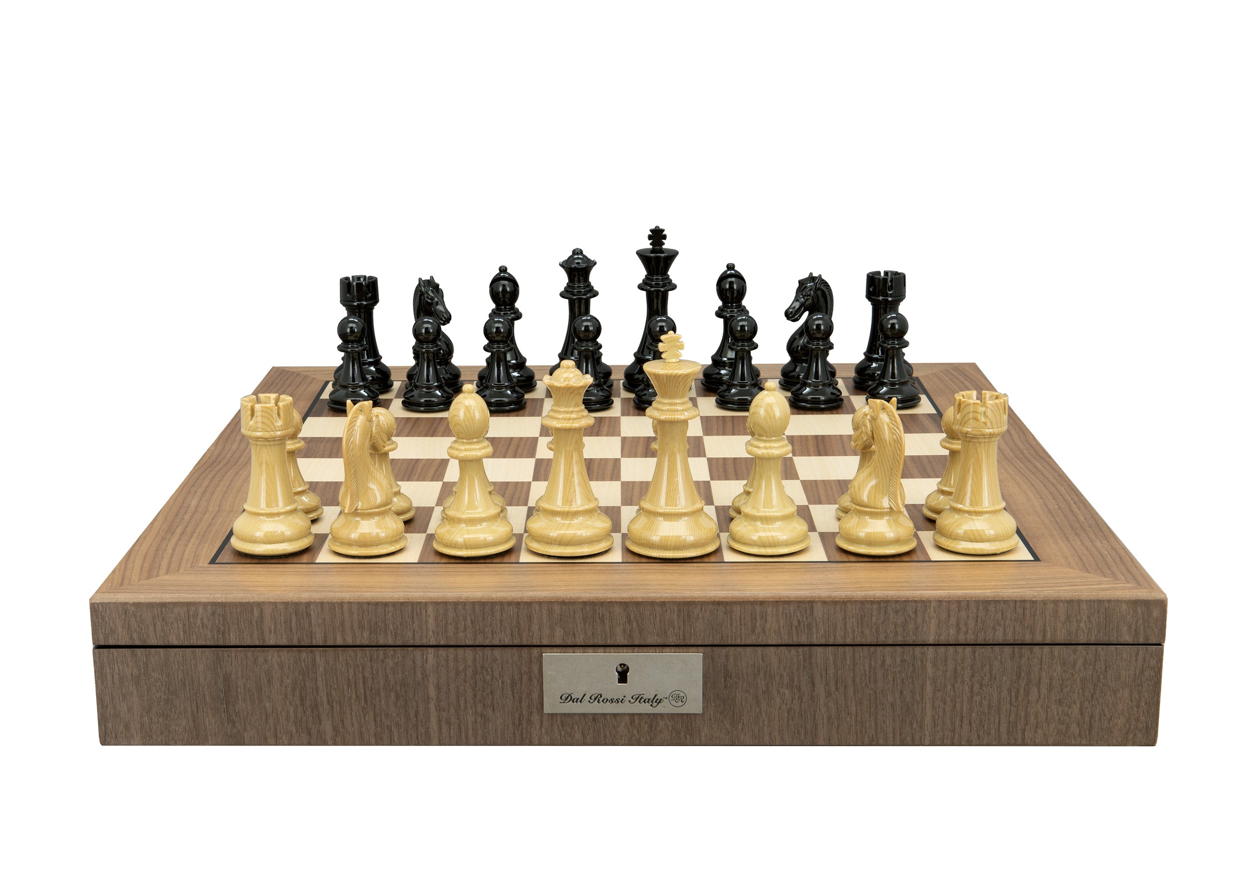 Dal Rossi Italy Black Ebony & Wood Grain Finish Weight  pieces110mm Chessmen on a Walnut Inlaid Chess Box with Compartments 20"