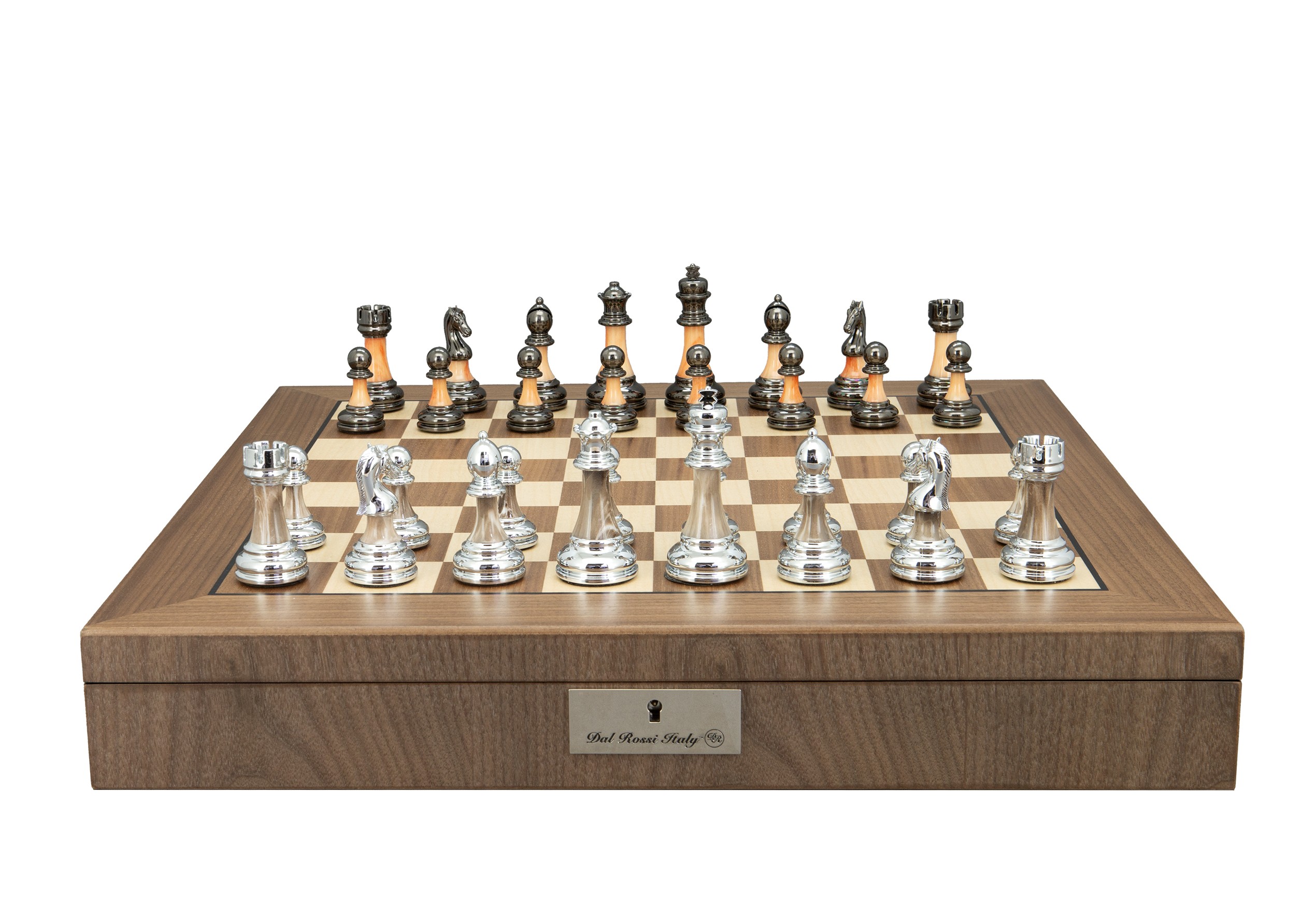 Dal Rossi Italy, Staunton Metal/Marble Finish Chessmen on a Walnut Inlaid Chess Box with Compartments 20"