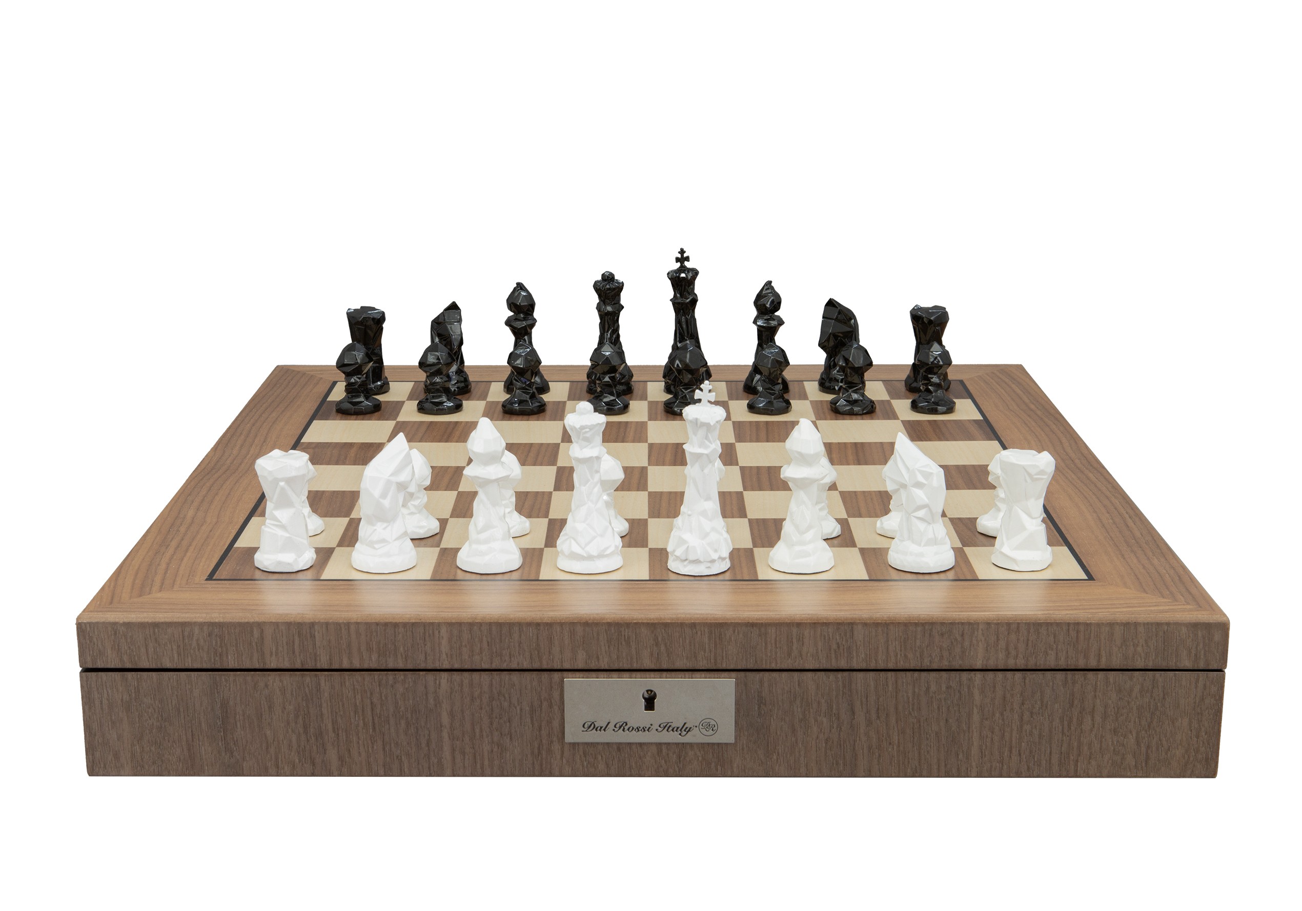 Dal Rossi Diamond-Cut Black & White Chessmen on a Walnut Inlaid Chess Box with Compartments 20"