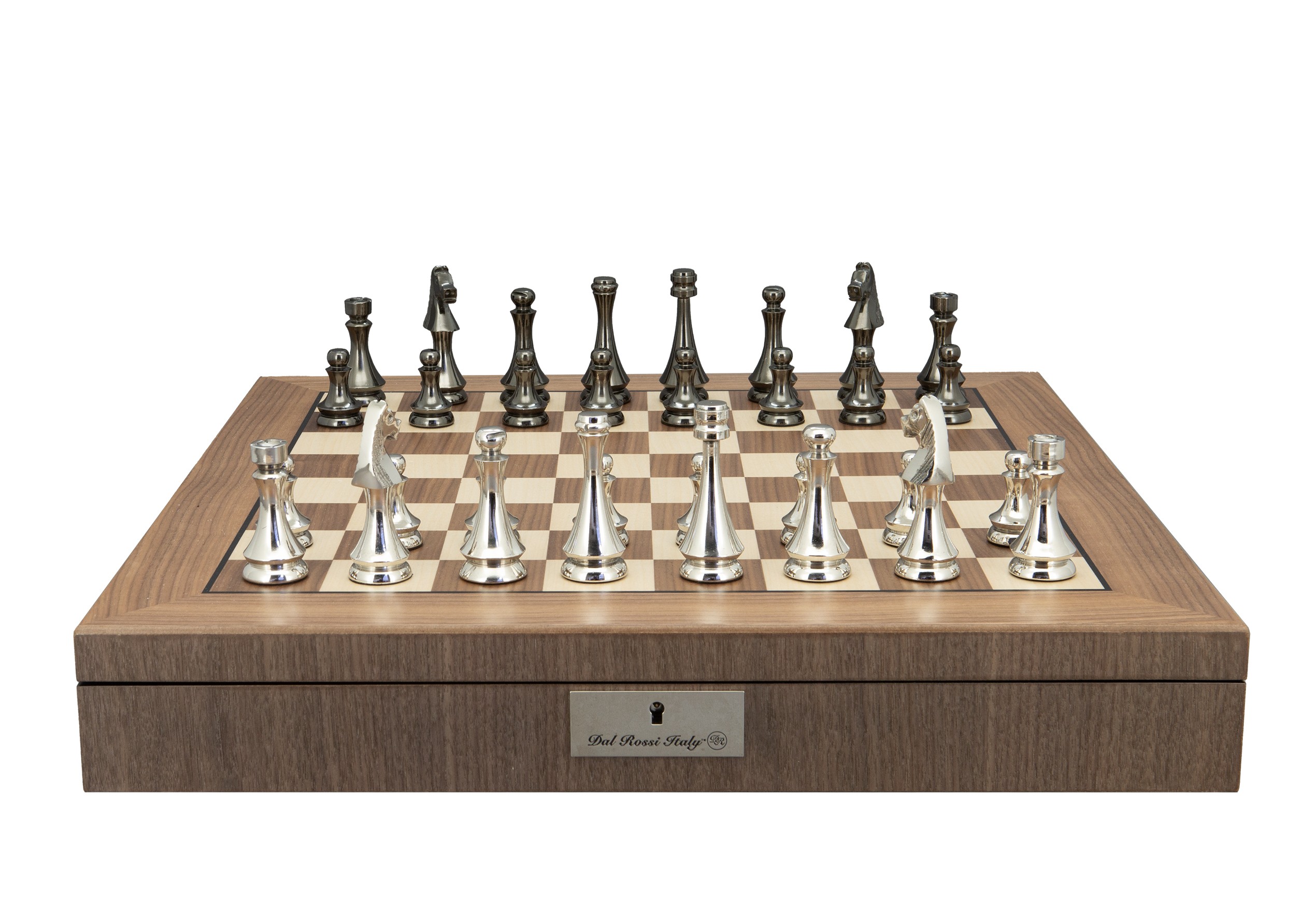 Dal Rossi Italy Metal Dark Titanium and Silver 85mm Chessmen on a Walnut Inlaid Chess Box with Compartments 20"