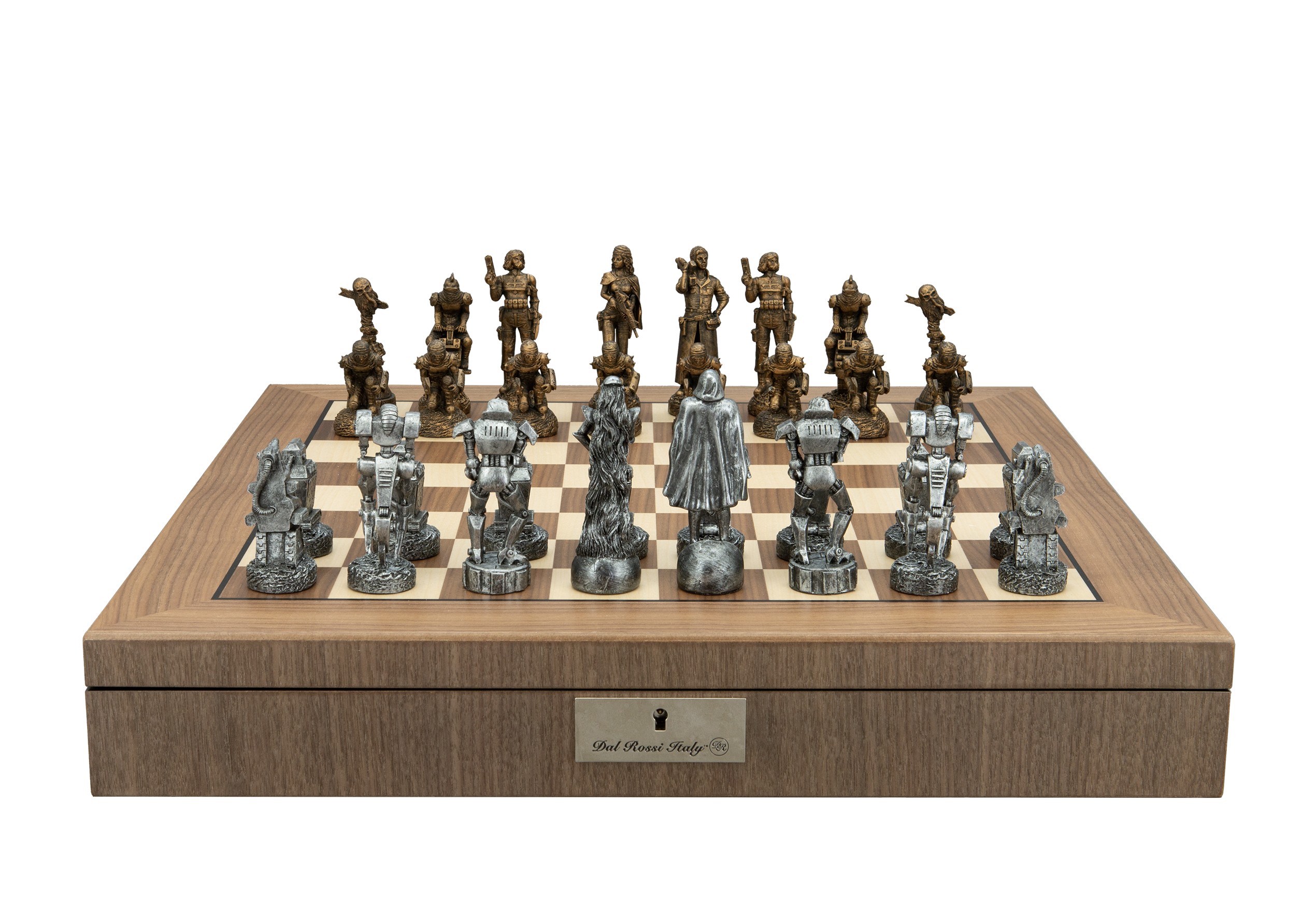 Dal Rossi  Mad Max Robot Chess Pieces Polyresin on a Walnut Inlaid Chess Box with Compartments 20"