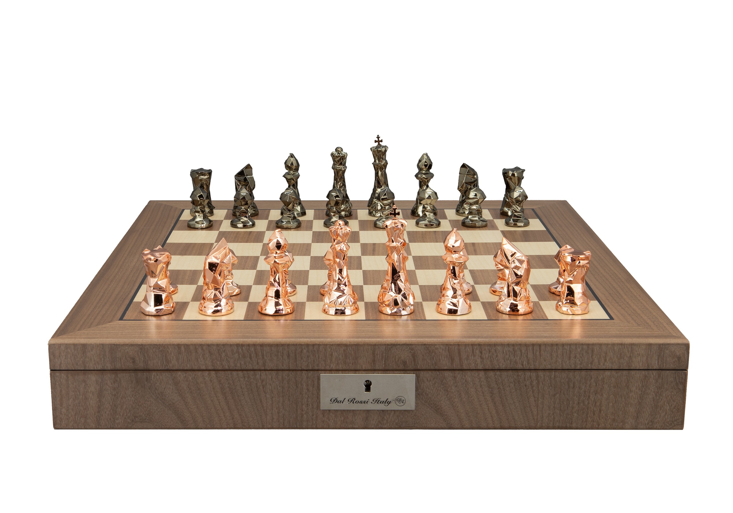Dal Rossi Diamond-Cut Copper & Bronze Chessmen on a Walnut Inlaid Chess Box with Compartments 20"