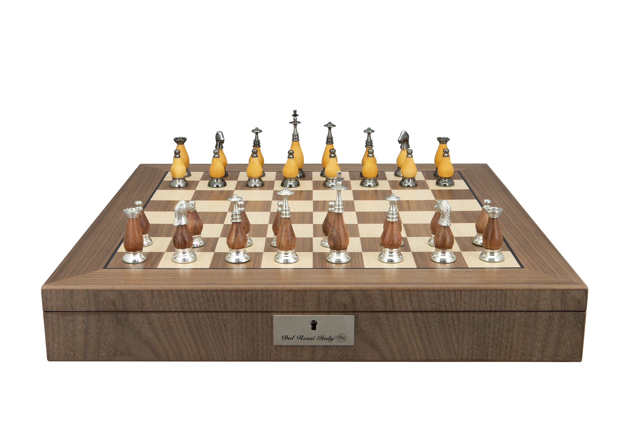 Dal Rossi Italy, Staunton Metal/Wood Chessmen on a Walnut Inlaid Chess Box with Compartments 20"